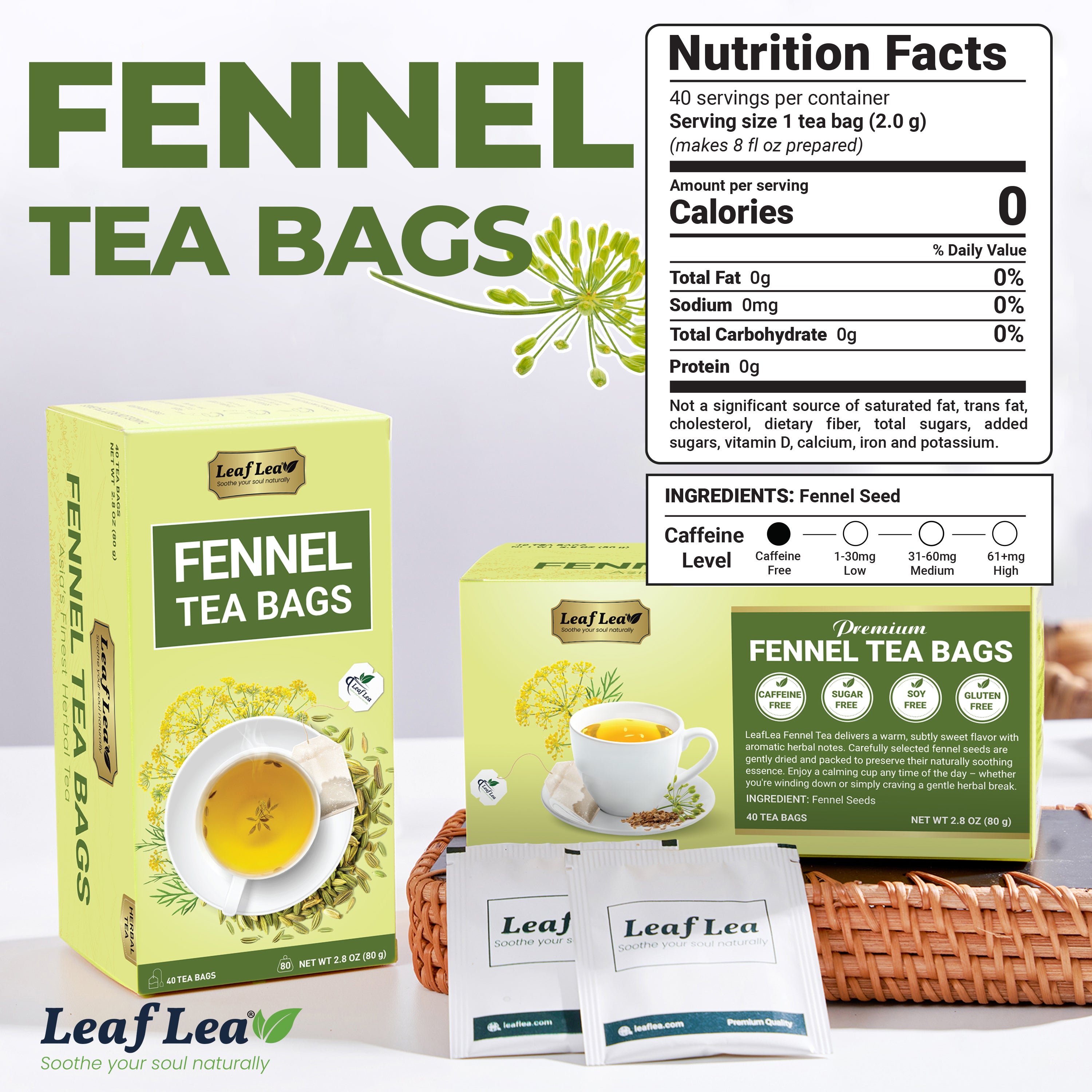 LeafLea Fennel Tea – 100% Pure Fennel Seed Herbal Tea, 40 Bags