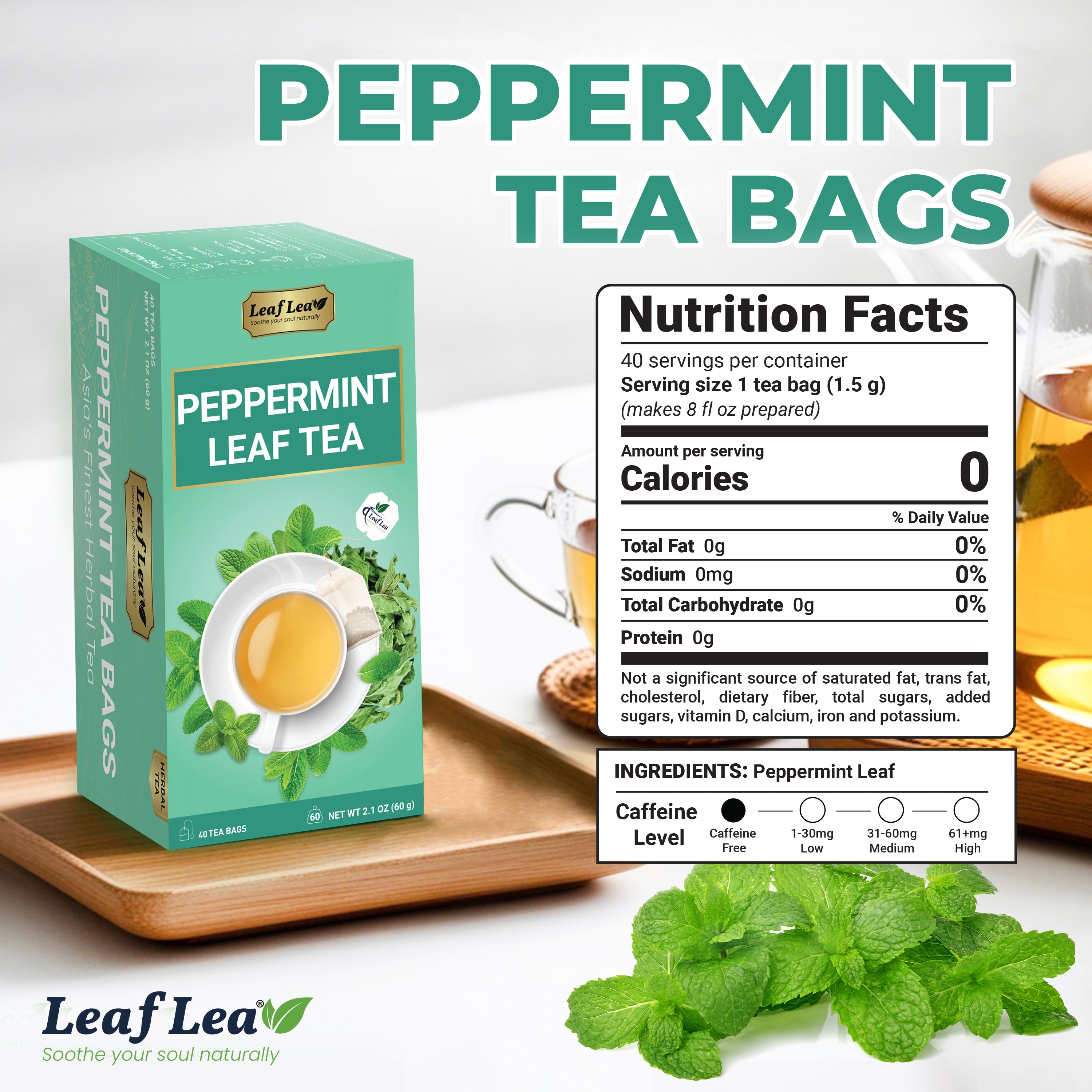 LeafLea Peppermint Leaf Tea Bags – Natural Herbal Tea with Cool, 40 Bags