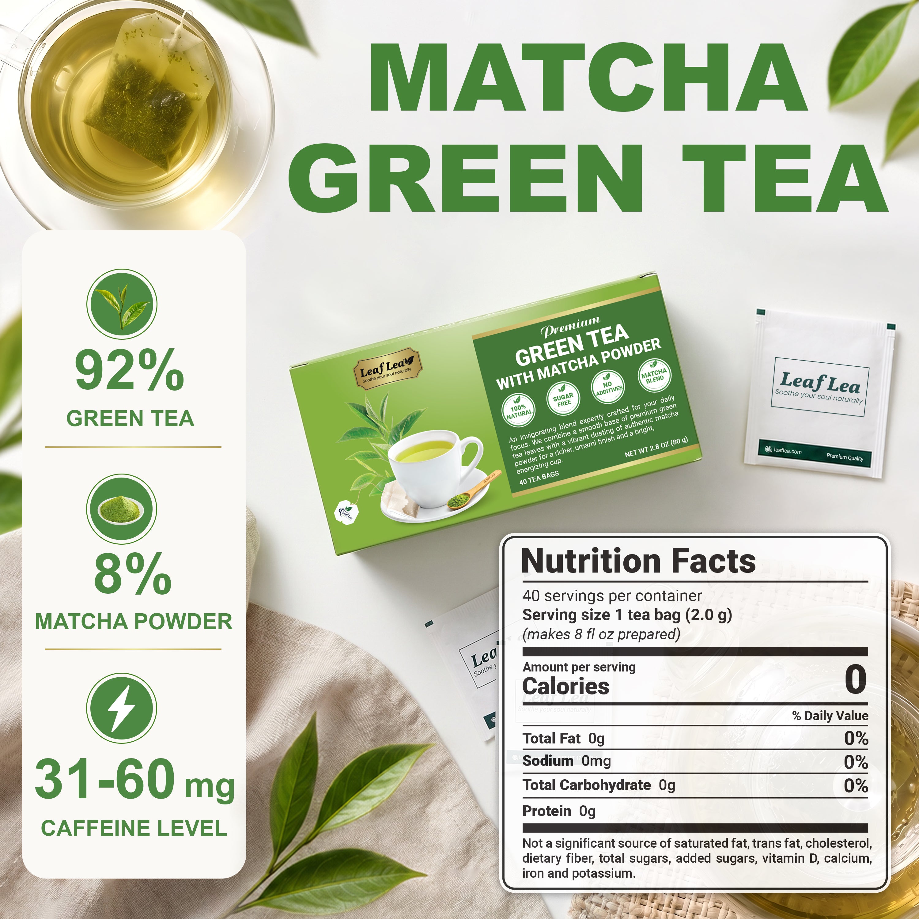 LeafLea Matcha Green Tea Bags, Individually Wrapped Green Tea Blended with Authentic Matcha, Smooth Umami Flavor for Focus & Vitality - Vegan, Sugar Free, Caffeinated, Zero Calories