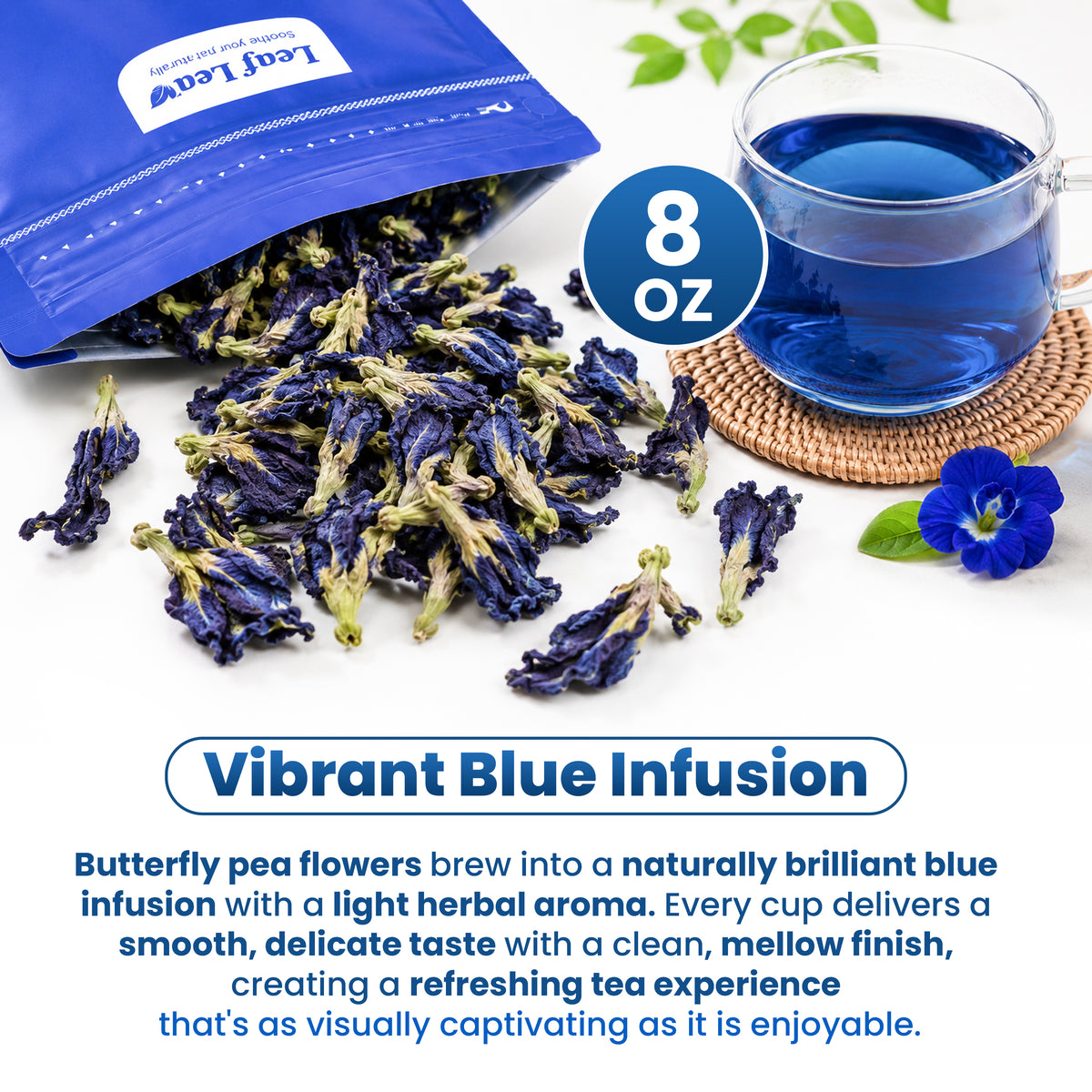 LeafLea Butterfly Pea Flower Loose Leaf Tea, Single-Ingredient Botanical Tea With Naturally Vivid Blue Color