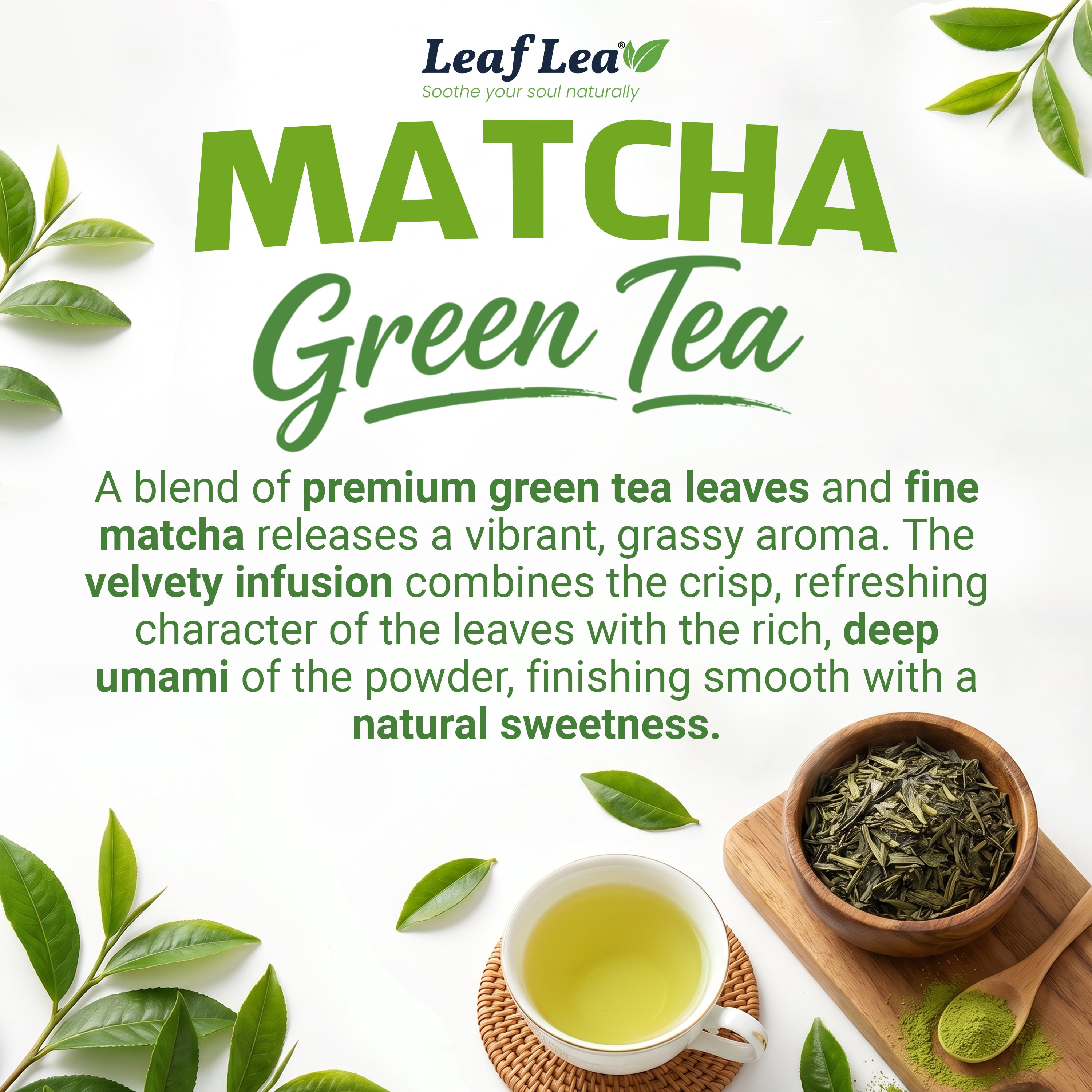 LeafLea Matcha Green Tea Bags, Individually Wrapped Green Tea Blended with Authentic Matcha, Smooth Umami Flavor for Focus & Vitality - Vegan, Sugar Free, Caffeinated, Zero Calories