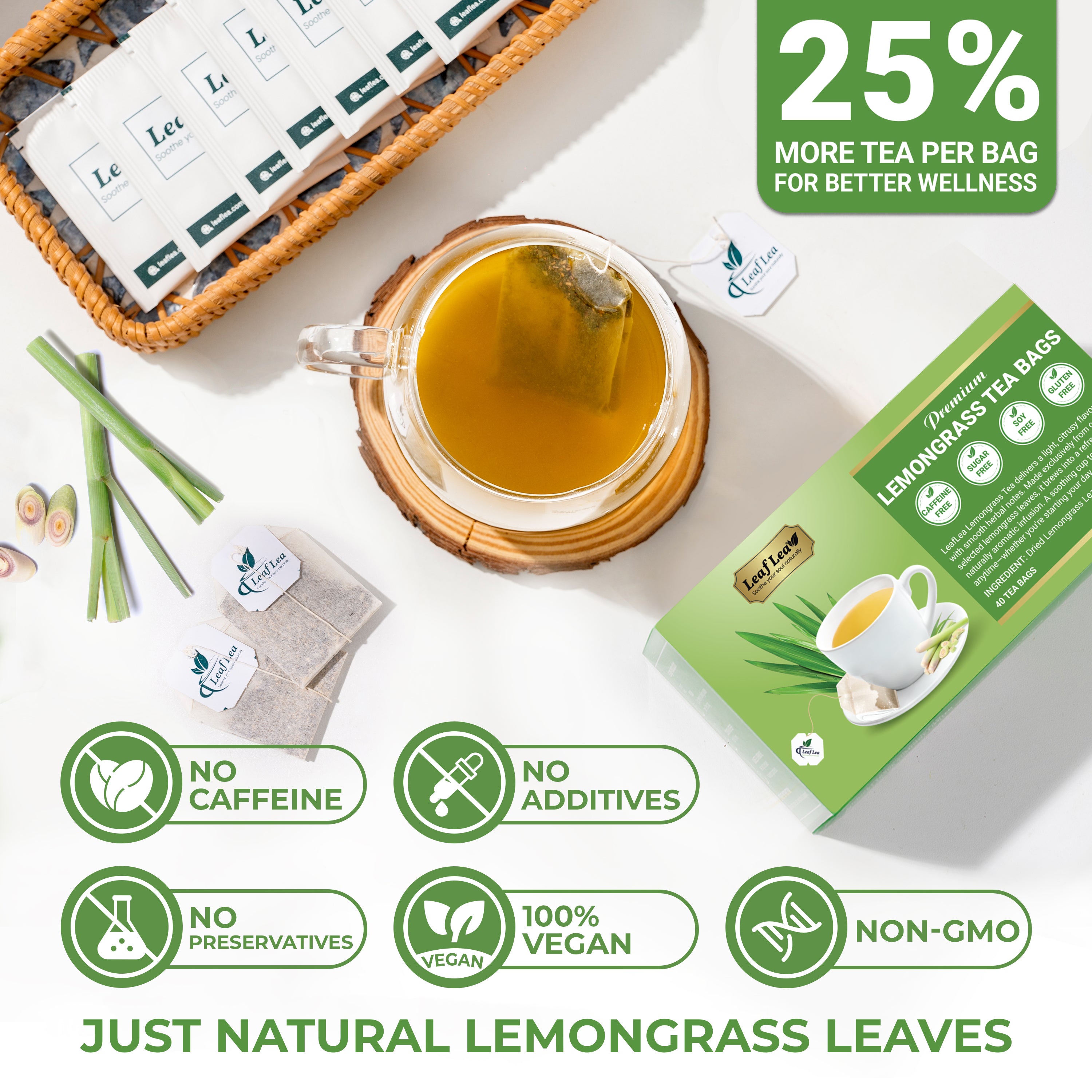 LeafLea Lemongrass Tea Bags – Natural Herbal Infusion, Caffeine-Free