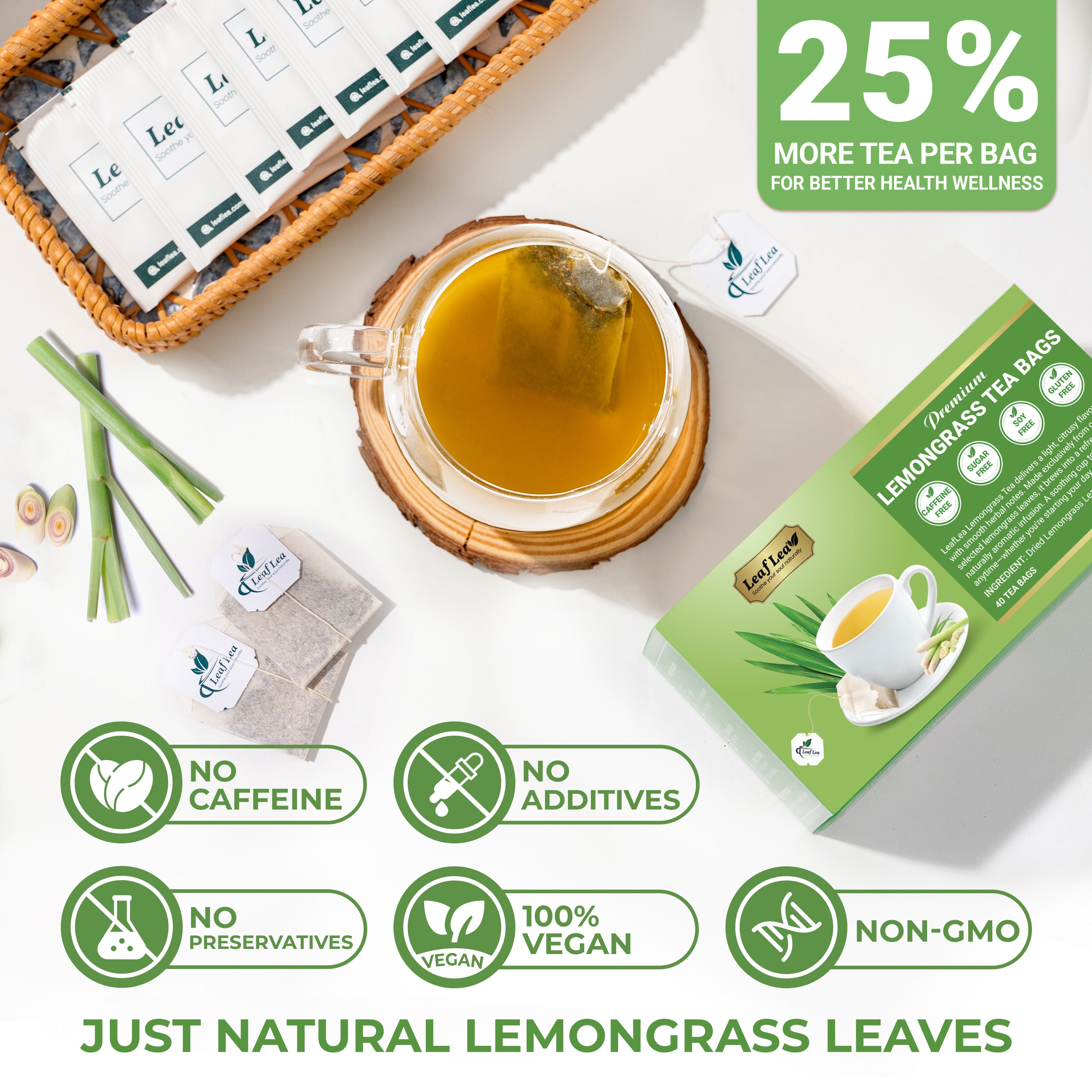 LeafLea Lemongrass Tea Bags, Natural Lemongrass Tea, Te Limon Grass, Taste & Light Aroma, Caffeine-Free, Sugar-Free