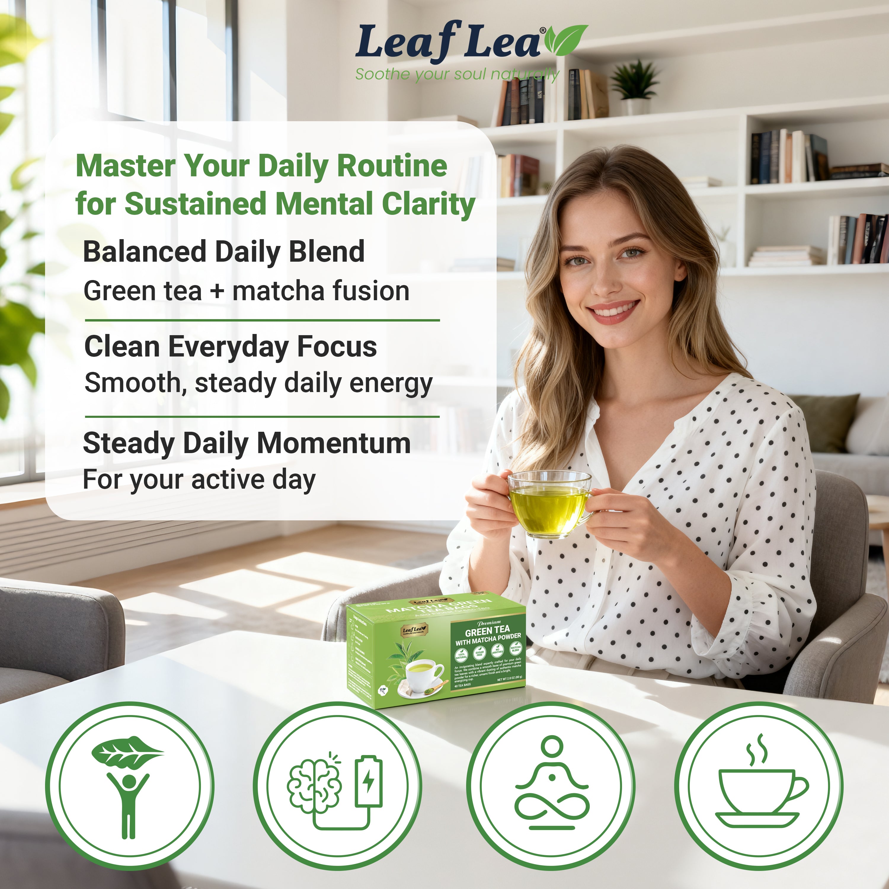 LeafLea Matcha Green Tea Bags, Individually Wrapped Green Tea Blended with Authentic Matcha, Smooth Umami Flavor for Focus & Vitality - Vegan, Sugar Free, Caffeinated, Zero Calories