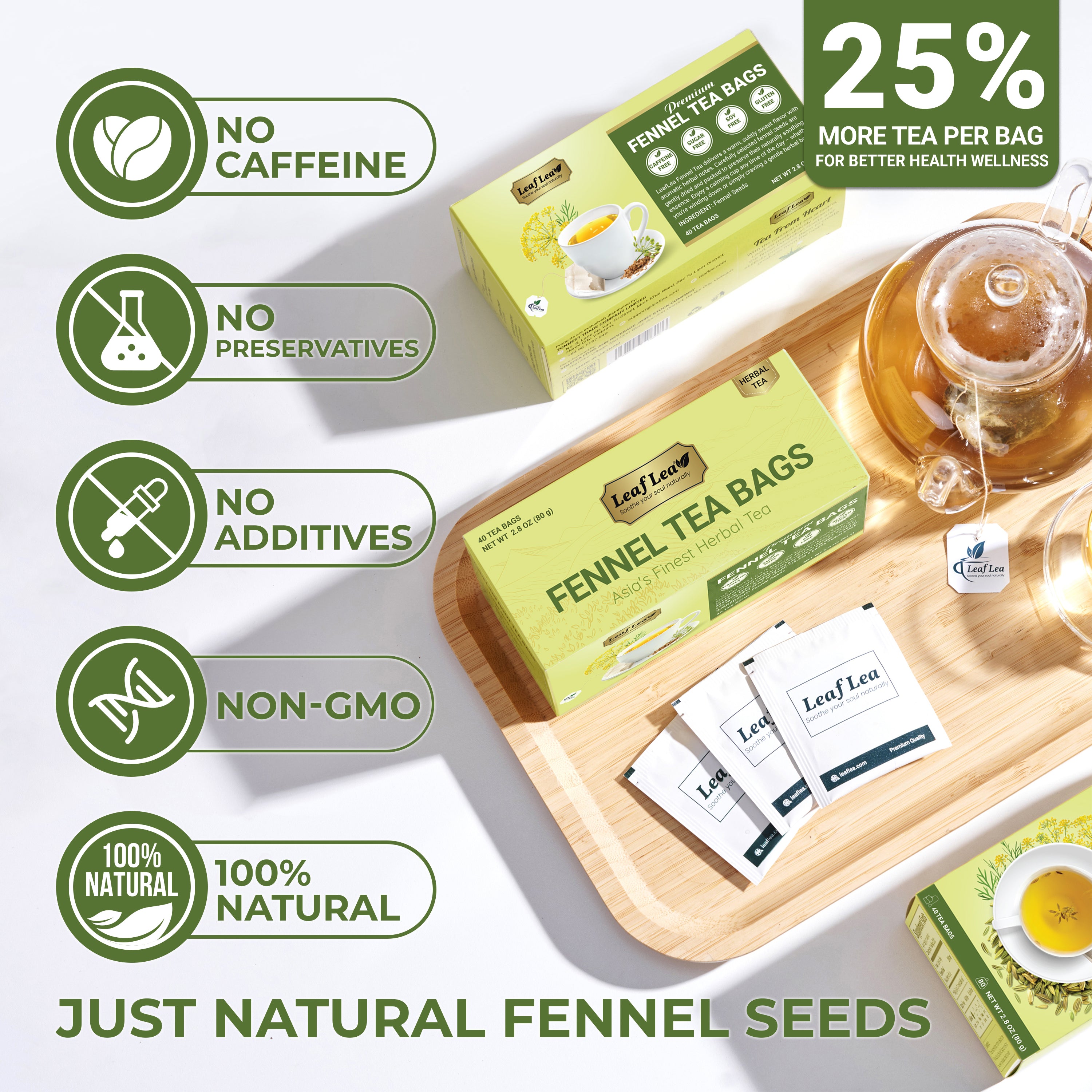 LeafLea 40 Fennel Tea Bags, 100% Natural & Pure Fennel Seed Tea, Te De Hinojo for Gentle Digestion & Fresh Breath