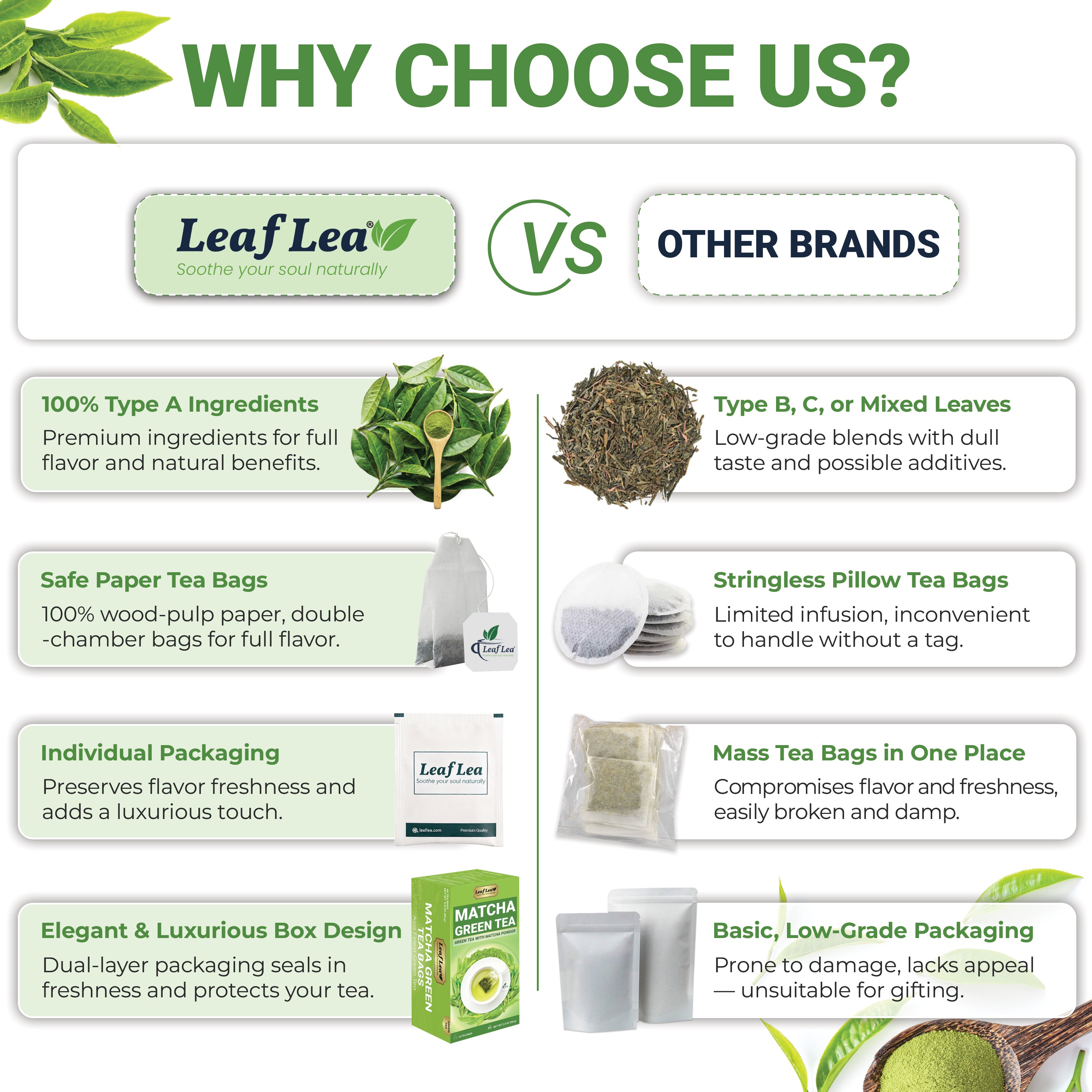 LeafLea Matcha Green Tea Bags, Individually Wrapped Green Tea Blended with Authentic Matcha, Smooth Umami Flavor for Focus & Vitality - Vegan, Sugar Free, Caffeinated, Zero Calories