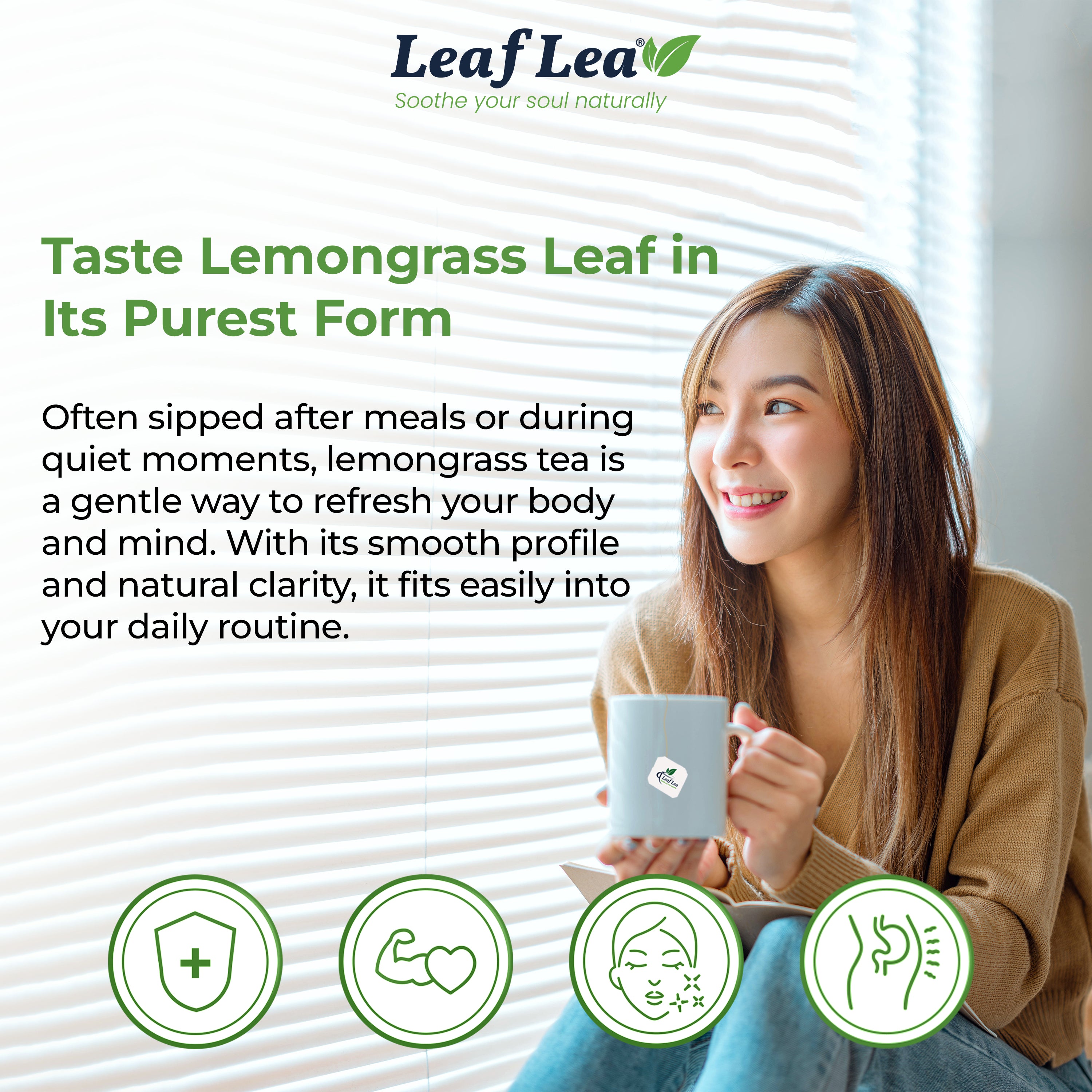 LeafLea Lemongrass Tea Bags, Natural Lemongrass Tea, Te Limon Grass, Taste & Light Aroma, Caffeine-Free, Sugar-Free