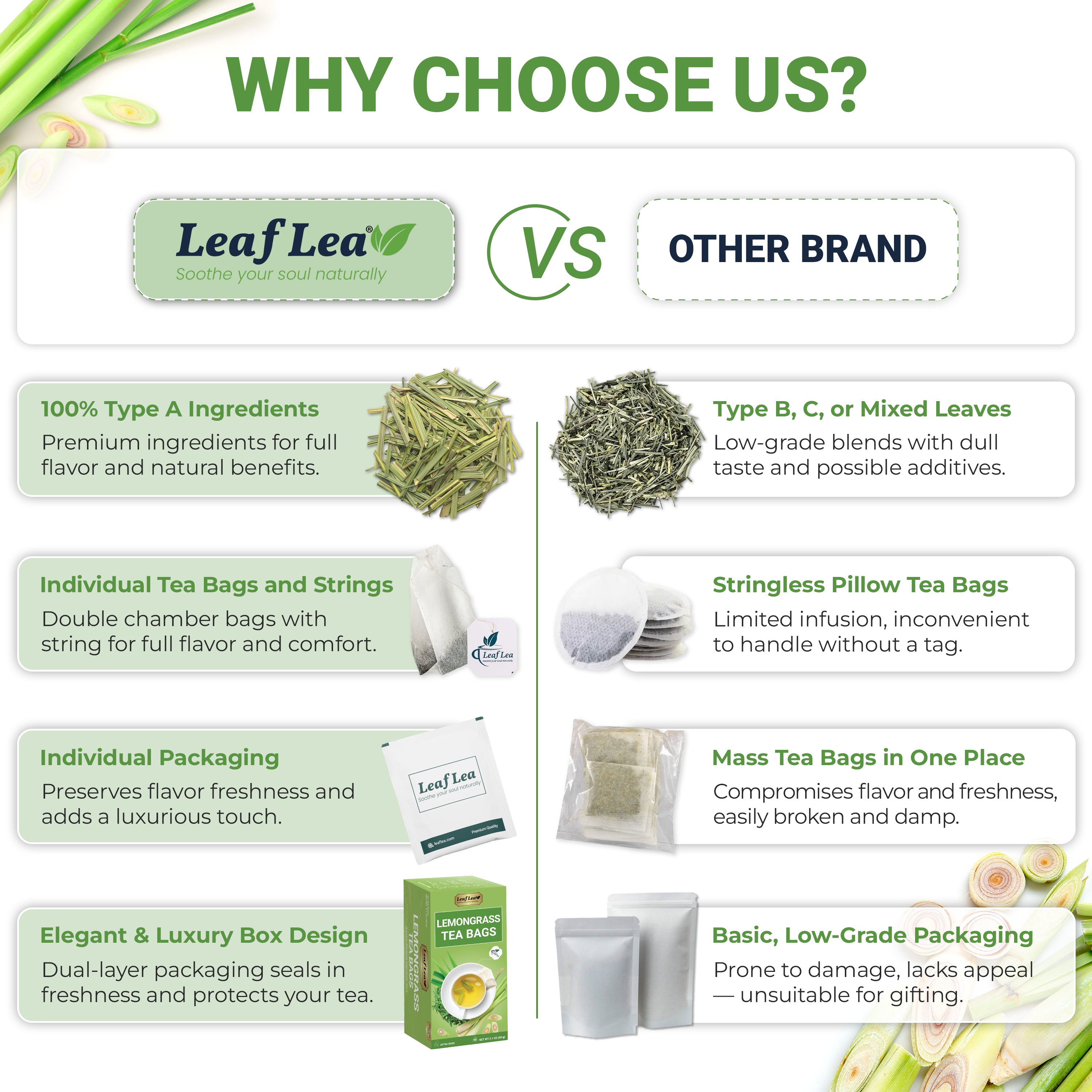LeafLea Lemongrass Tea Bags, Natural Lemongrass Tea, Te Limon Grass, Taste & Light Aroma, Caffeine-Free, Sugar-Free