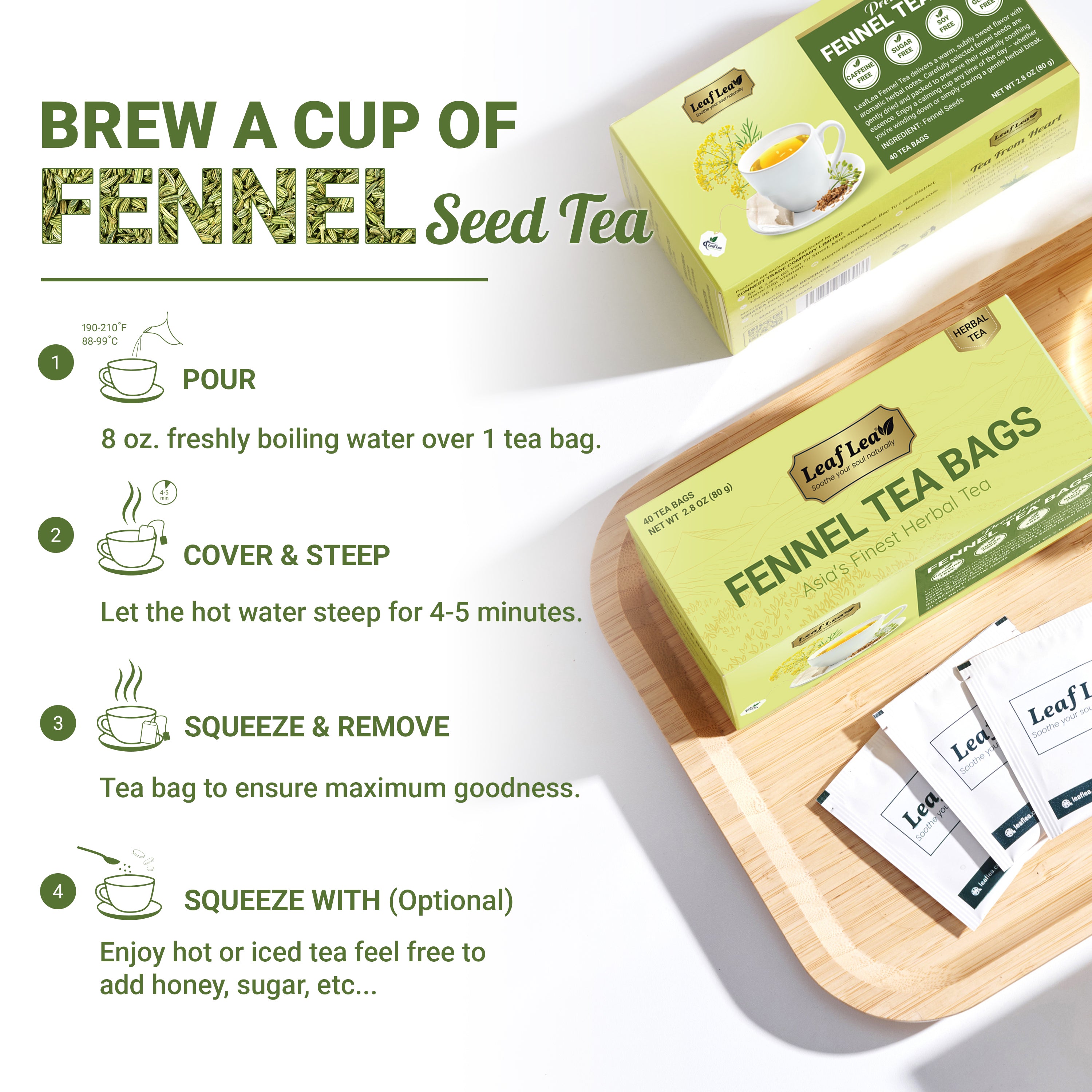 LeafLea 40 Fennel Tea Bags, 100% Natural & Pure Fennel Seed Tea, Te De Hinojo for Gentle Digestion & Fresh Breath
