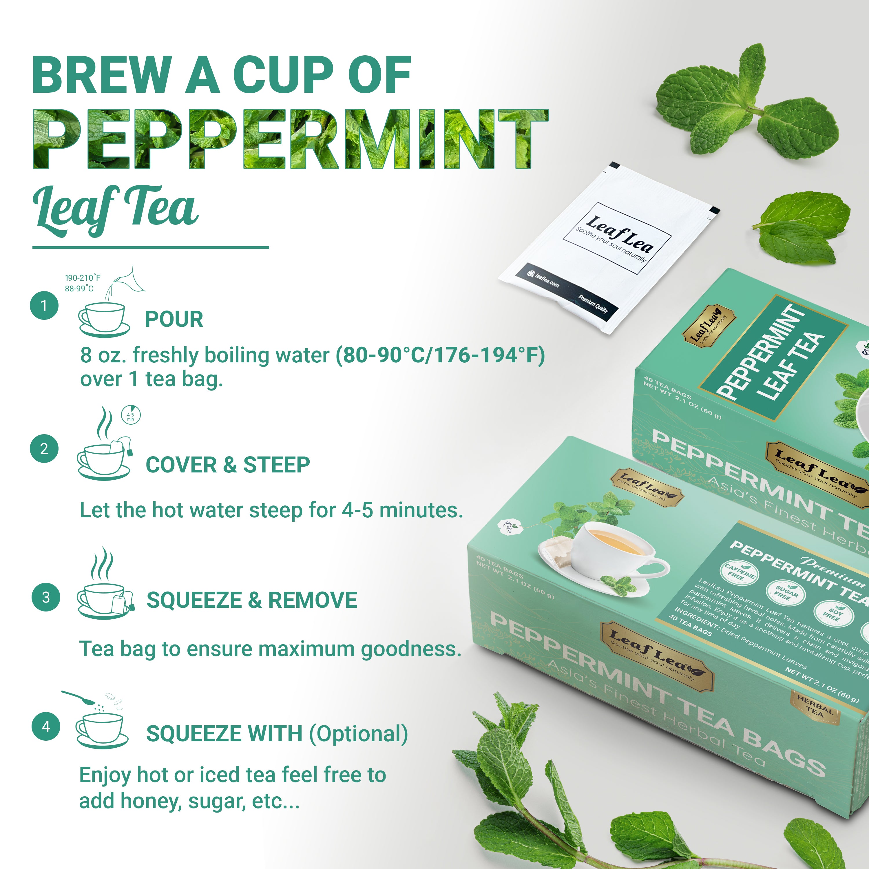 LeafLea Peppermint Leaf Tea Bags – Natural Herbal Tea with Cool, 40 Bags