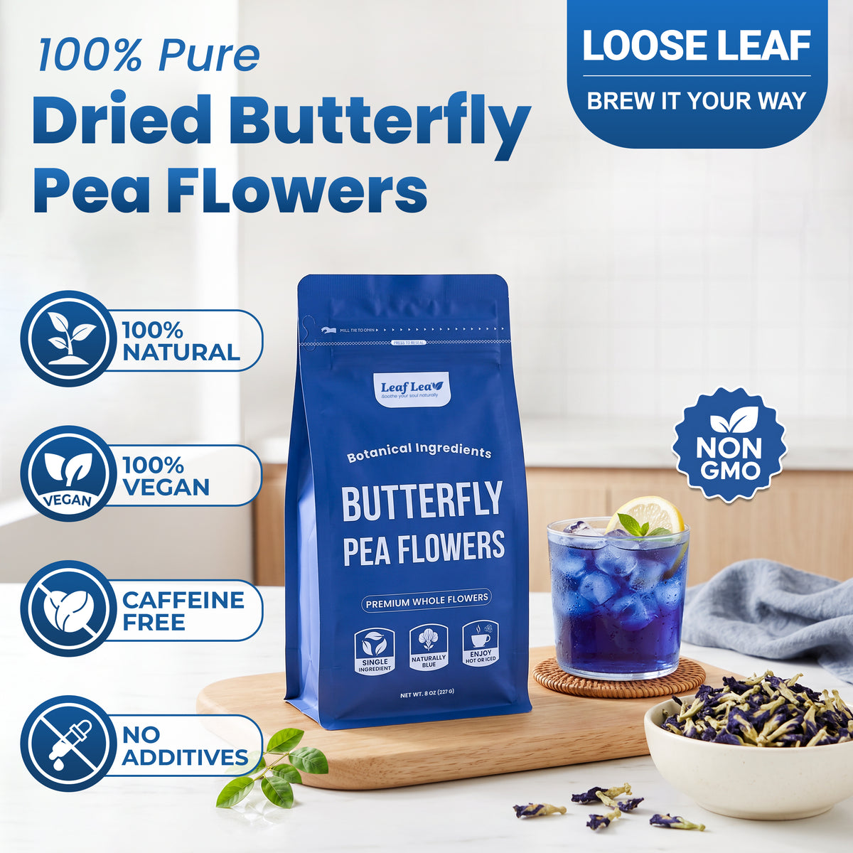 LeafLea Butterfly Pea Flower Loose Leaf Tea, Single-Ingredient Botanical Tea With Naturally Vivid Blue Color