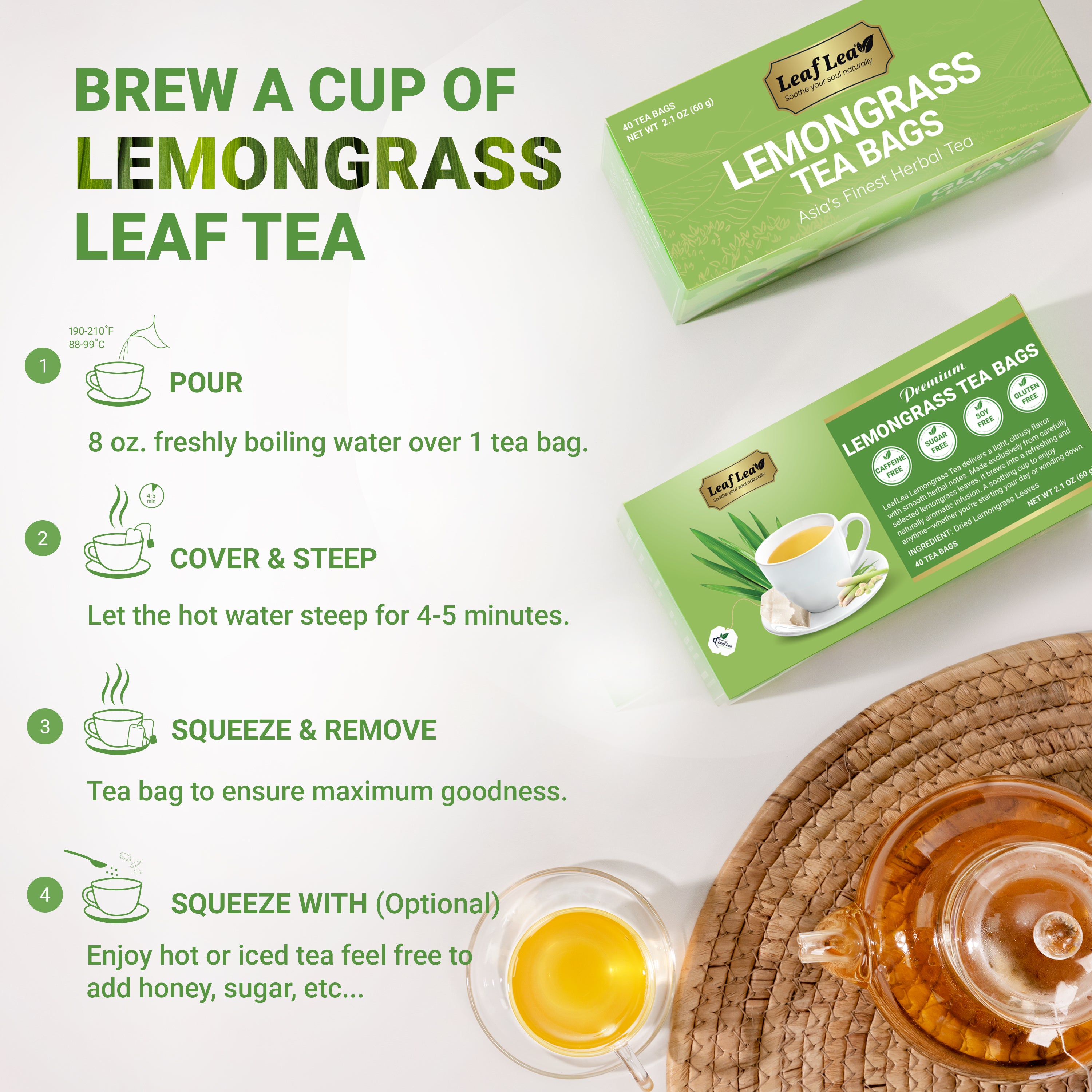 LeafLea Lemongrass Tea Bags, Natural Lemongrass Tea, Te Limon Grass, Taste & Light Aroma, Caffeine-Free, Sugar-Free