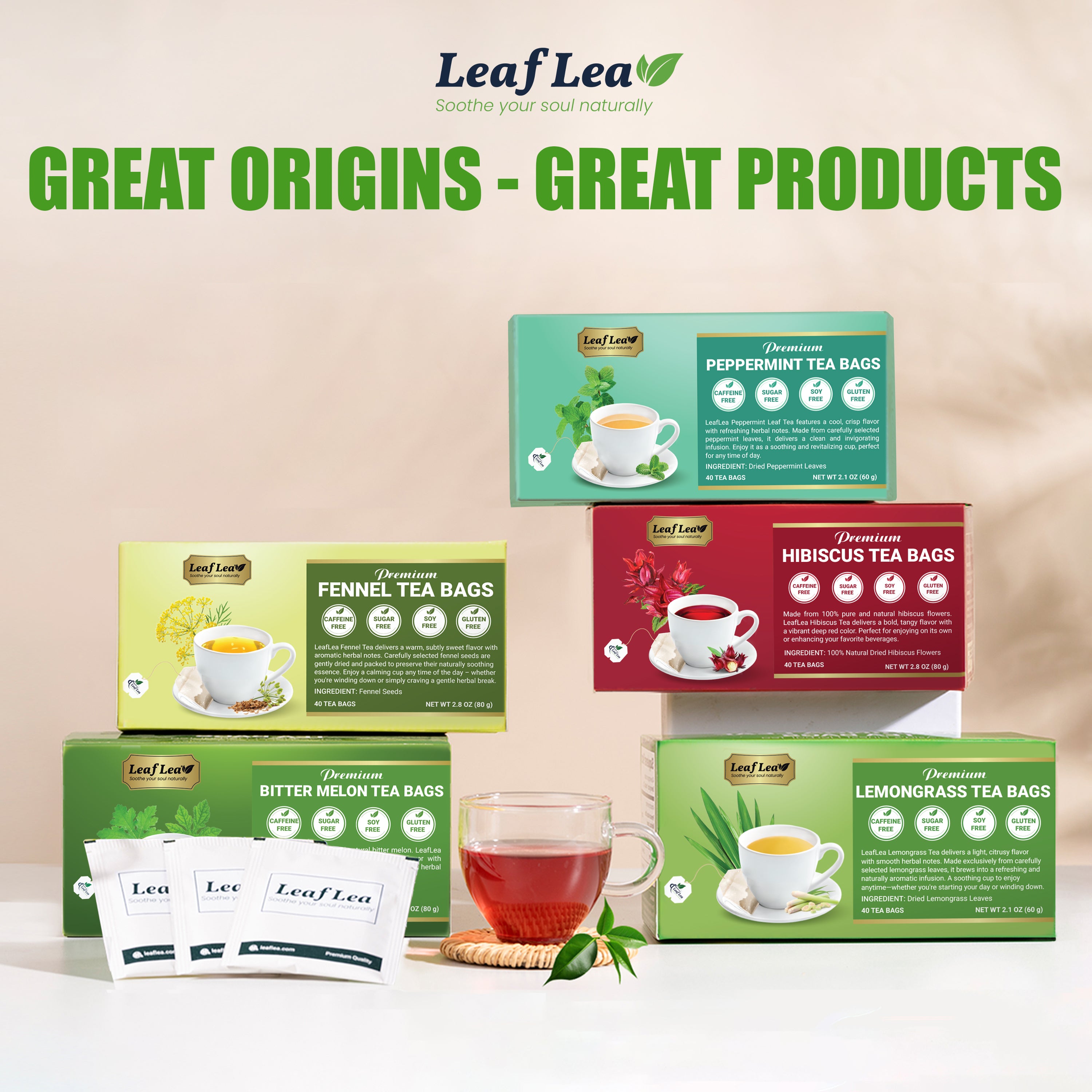 LeafLea Peppermint Leaf Tea Bags – Natural Herbal Tea with Cool, 40 Bags