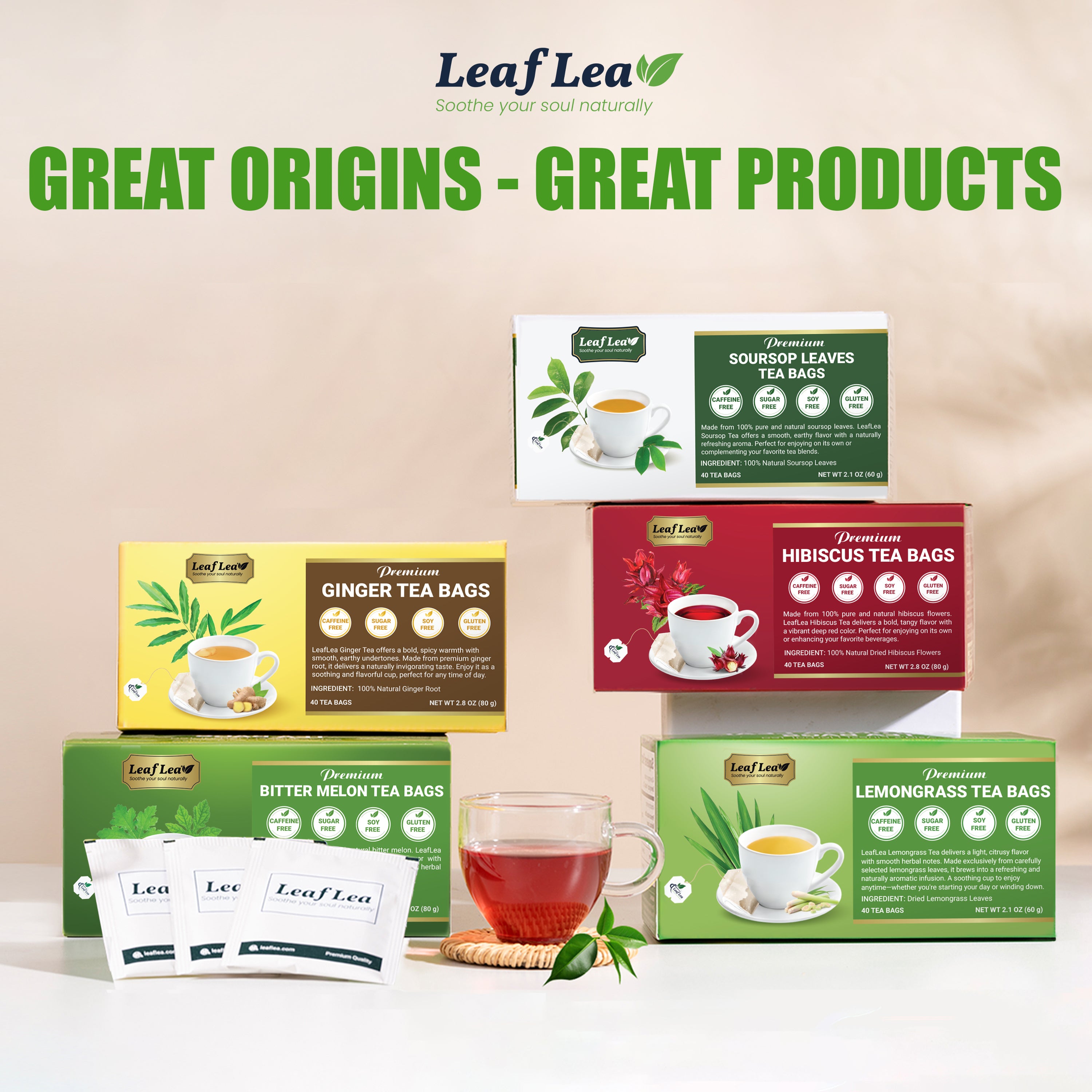 LeafLea Lemongrass Tea Bags, Natural Lemongrass Tea, Te Limon Grass, Taste & Light Aroma, Caffeine-Free, Sugar-Free