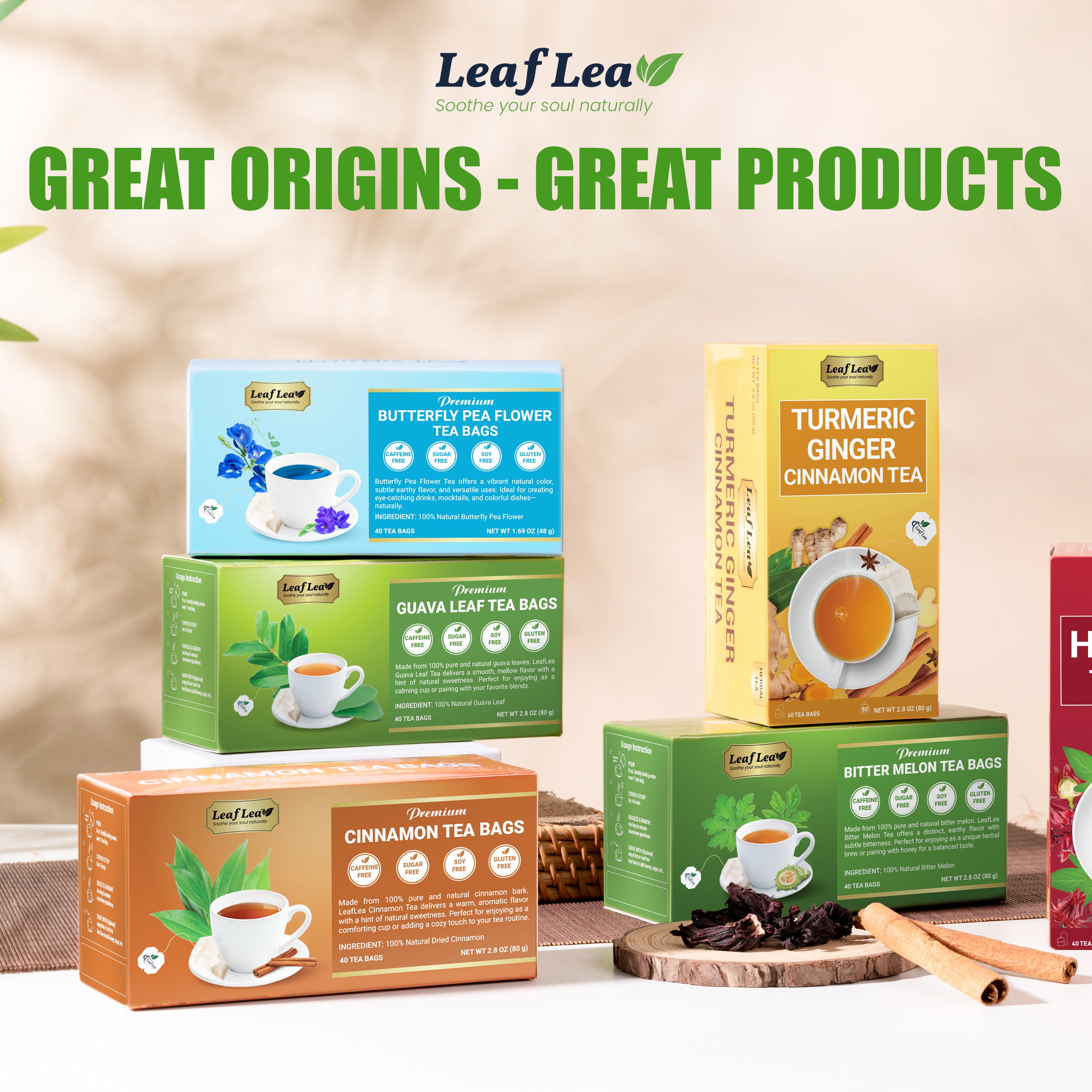 LeafLea 40 Cinnamon Tea Bags - Hot Spiced Cinnamon Tea Bags for Relaxation