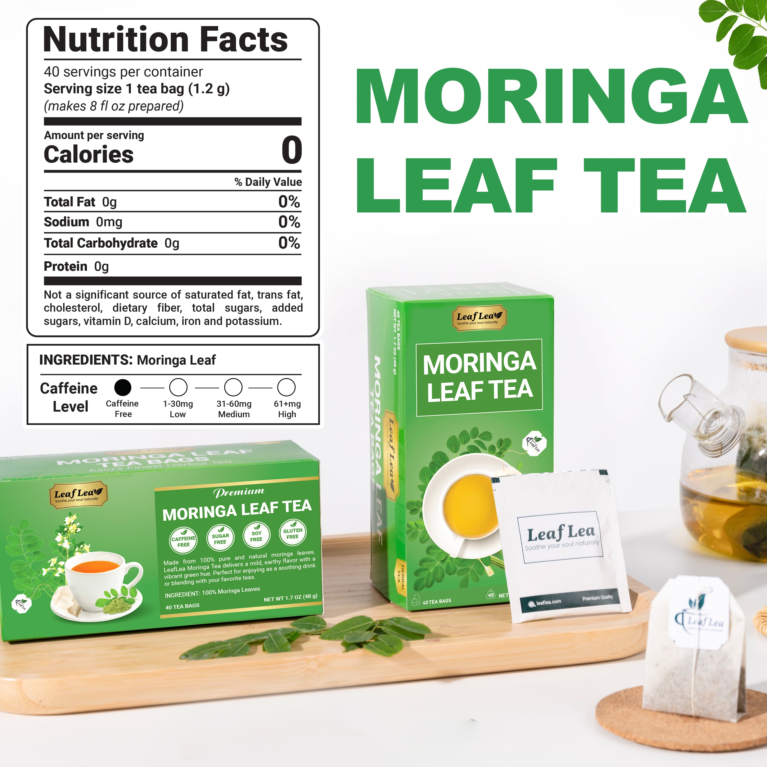 LeafLea 40 Moringa Tea Bags - Supports Digestion & Immune Health Caffeine-Free