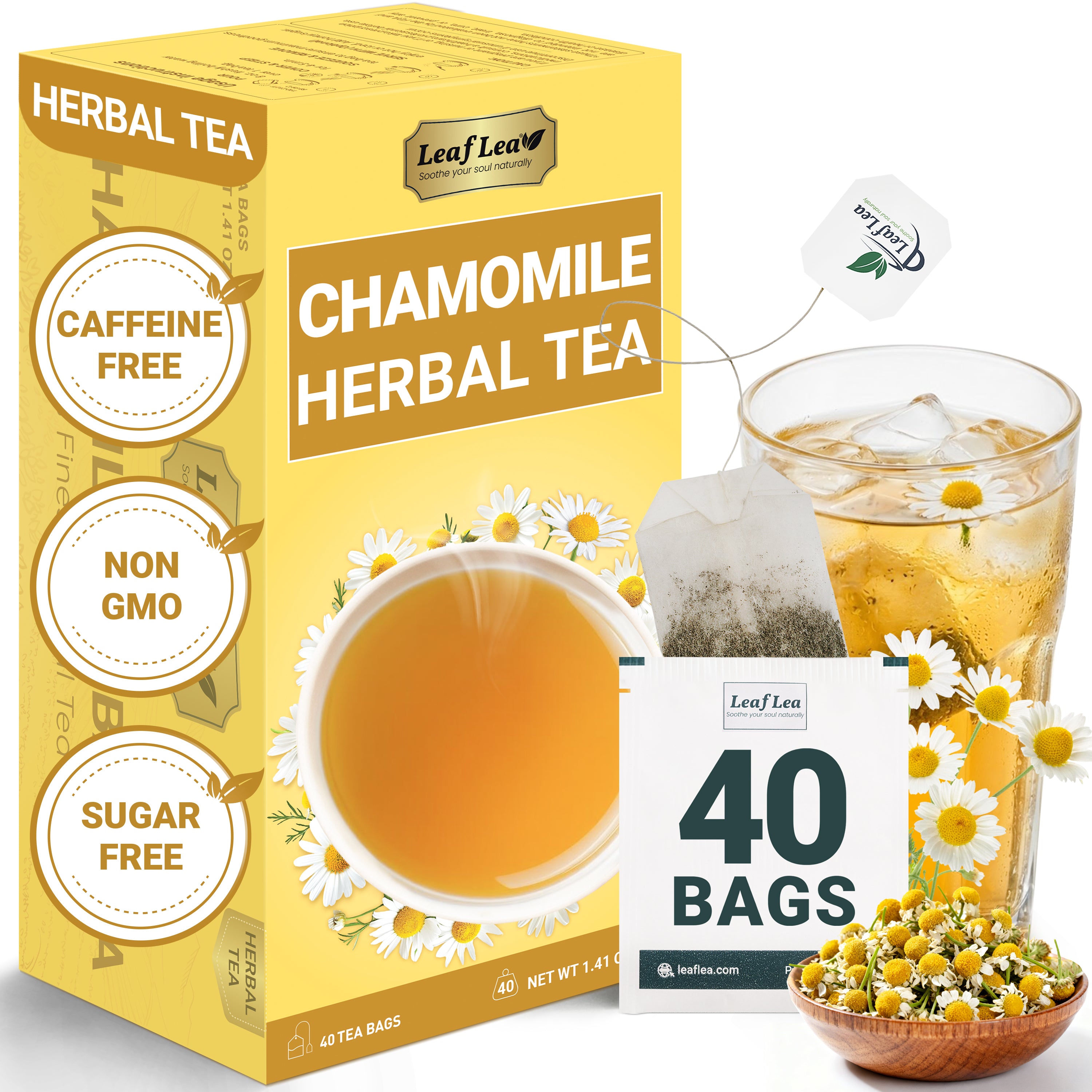 LeafLea Chamomile Tea Bags, Herbal Tea from Chamomile Flowers, Gentle Floral Scent, Clean Smooth Finish