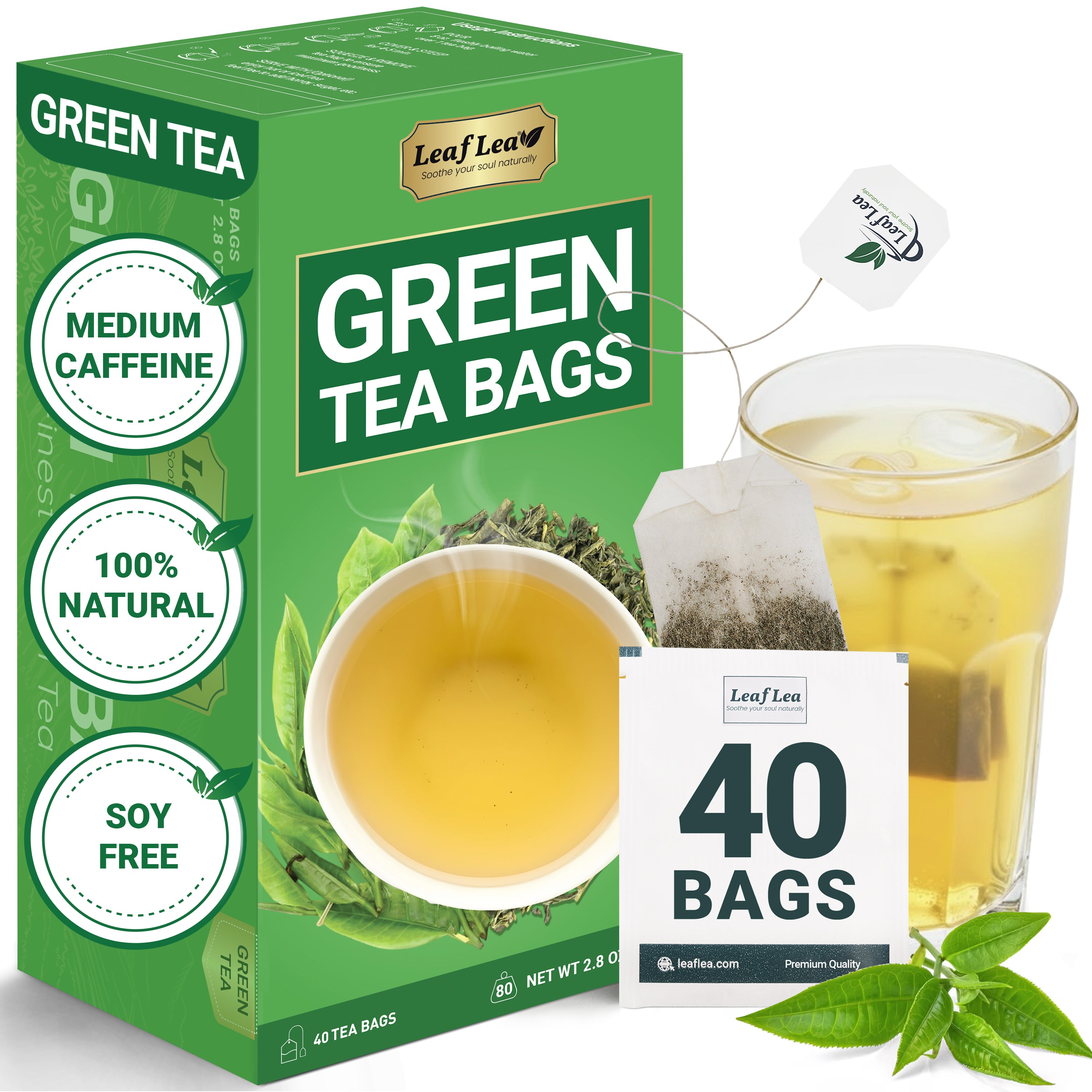 LeafLea Green Tea Bags, 100% Natural & Pure from Green Tea Leaves, Smooth & Refreshing, Everyday Wellness with Natural Caffeine Content