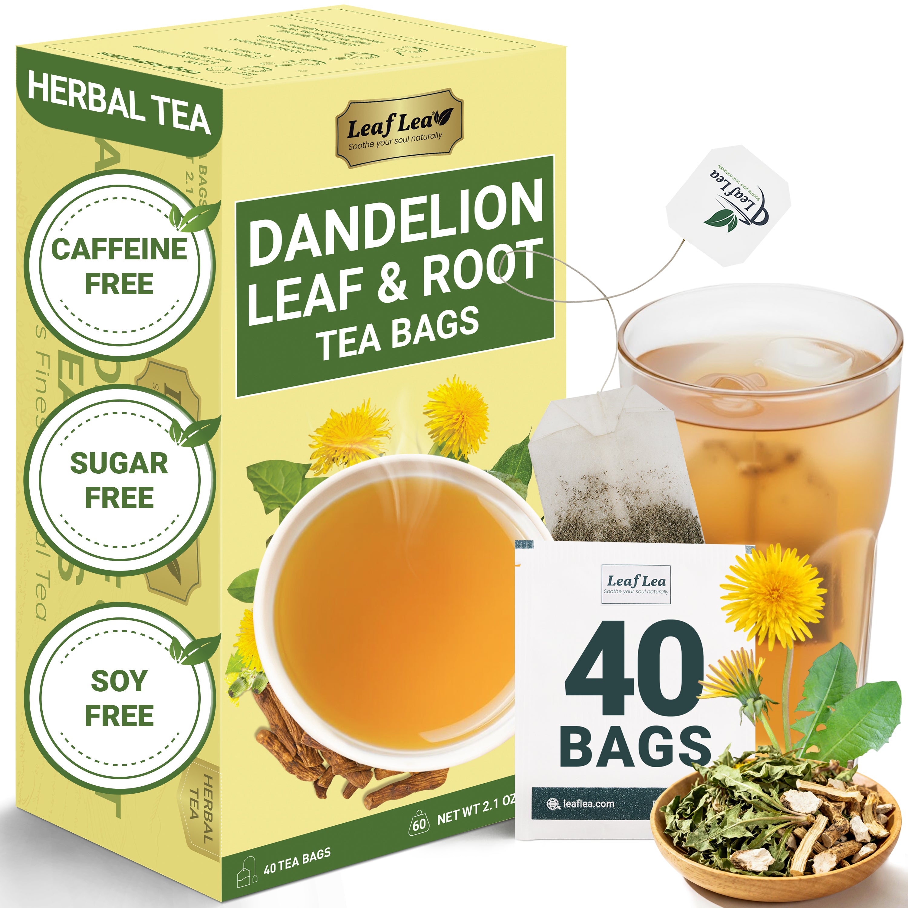 LeafLea Dandelion Root and Leaf Tea Bags, Roasted Dandelion Root Tea Blend, Natural Herbal Tea for Digestion & Wellness