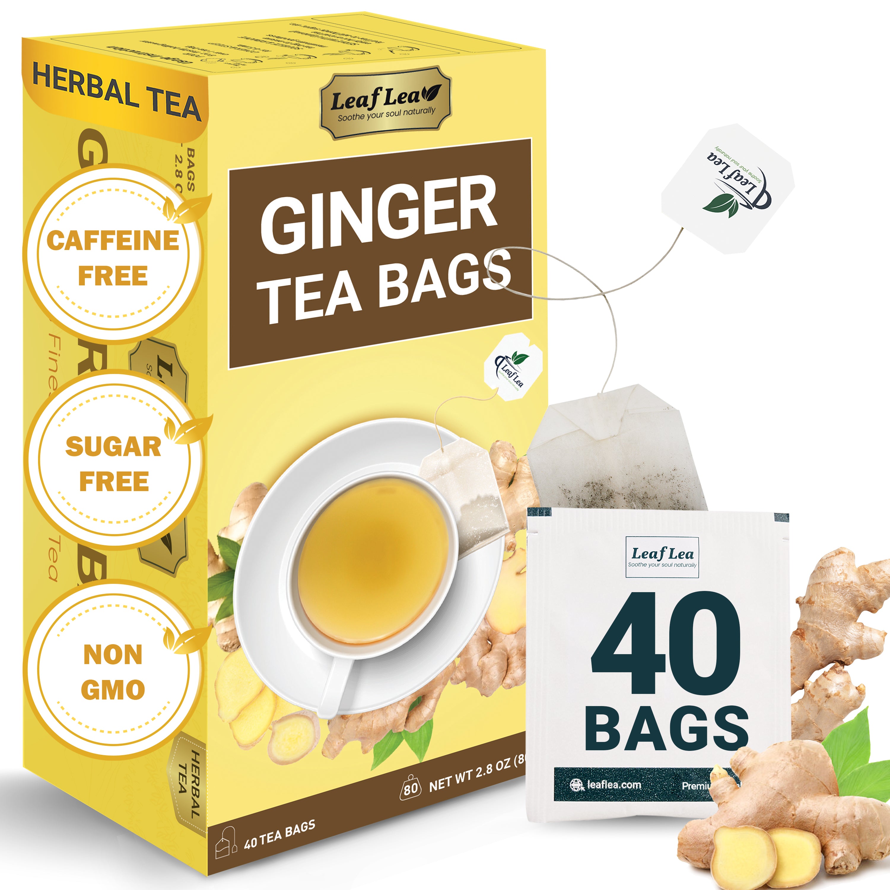 LeafLea Ginger Tea Bags - Bold, Spicy Flavor & Soothing Herbal Experience, Caffeine-Free