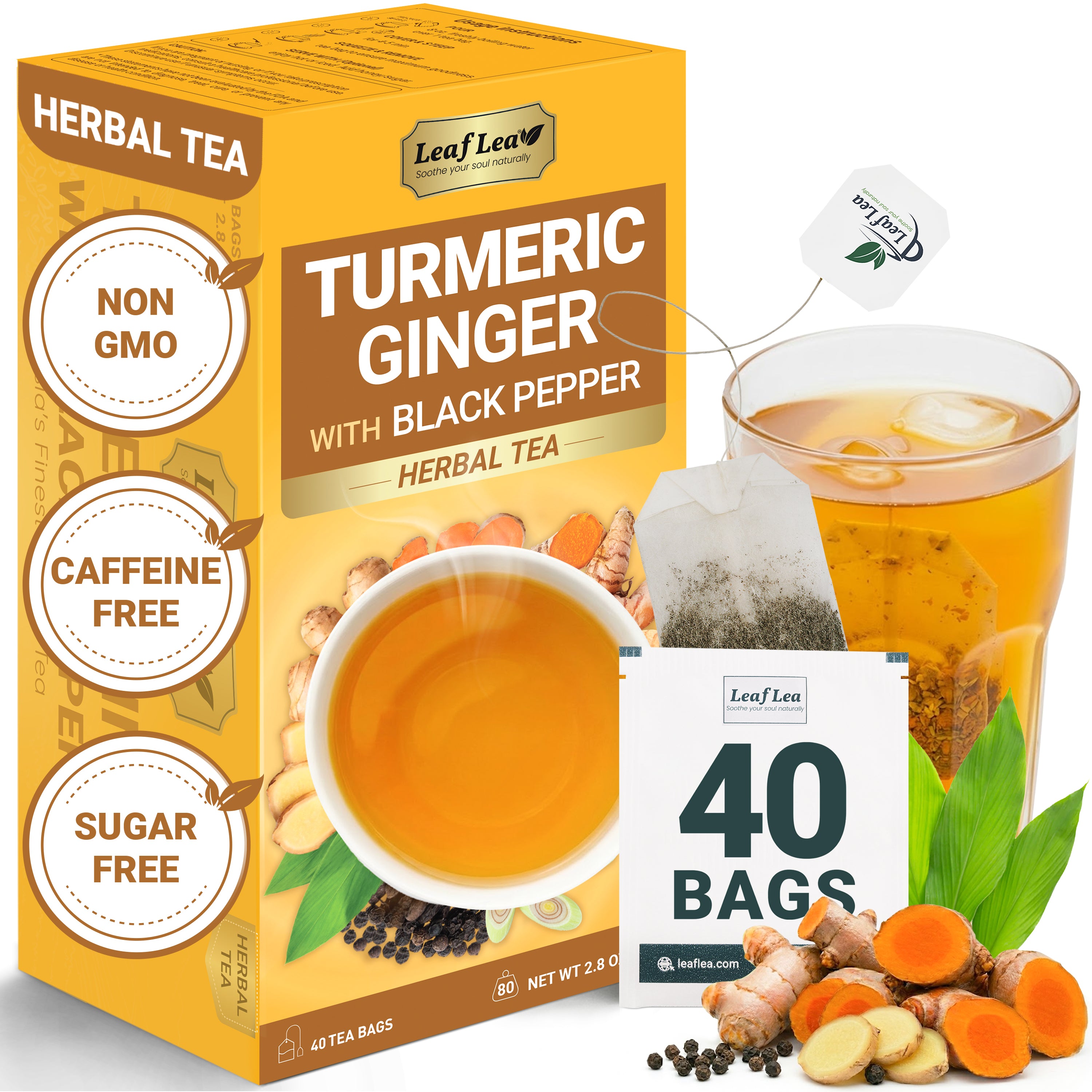 LeafLea Turmeric Ginger with Black Pepper Tea Bags, Individually Wrapped for Freshness, Natural Herbal Blend for Immunity, Joint & Digestion, Caffeine Free, Vegan, No Sugar