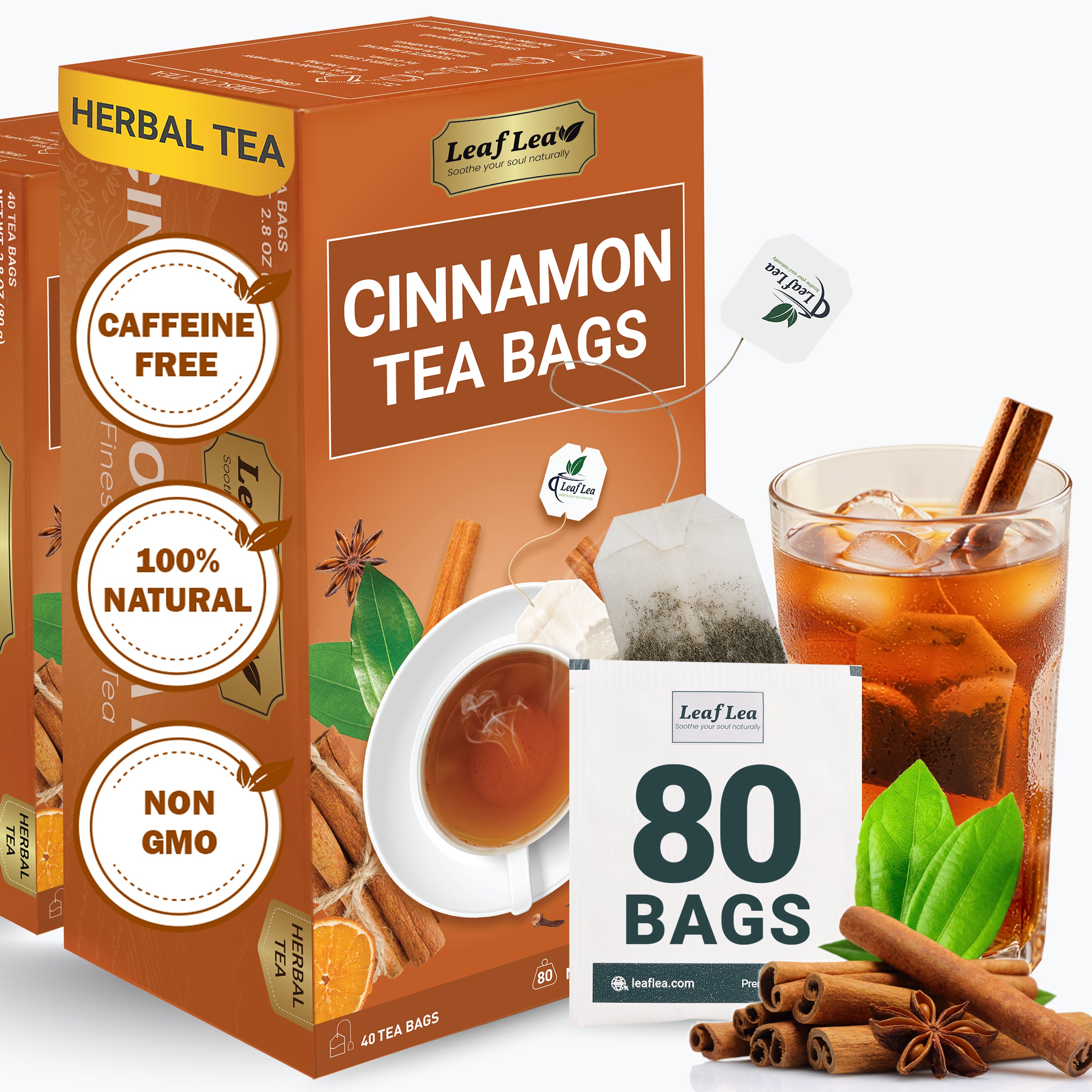 LeafLea 40 Cinnamon Tea Bags - Hot Spiced Cinnamon Tea Bags for Relaxation
