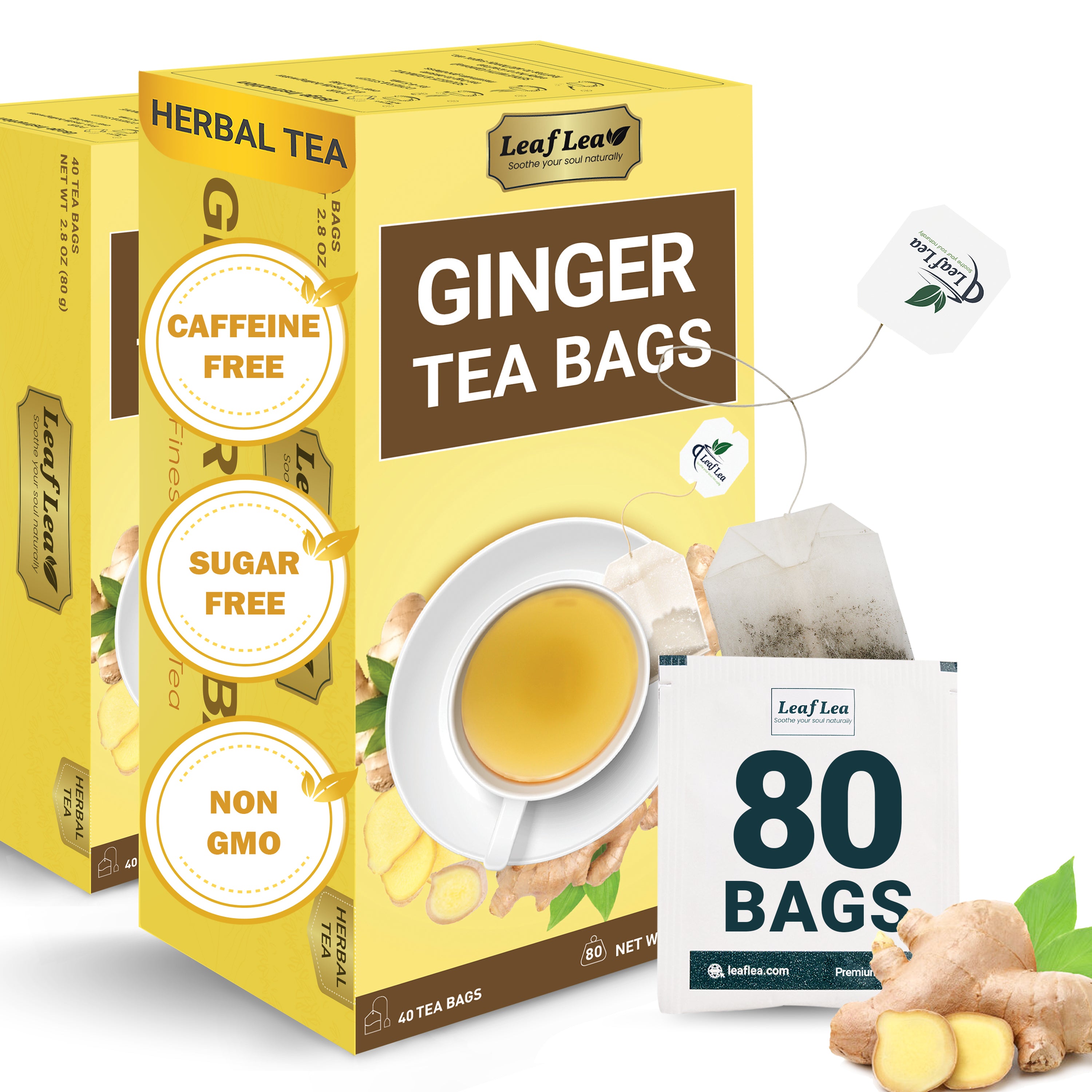 LeafLea Ginger Tea Bags - Bold, Spicy Flavor & Soothing Herbal Experience, Caffeine-Free