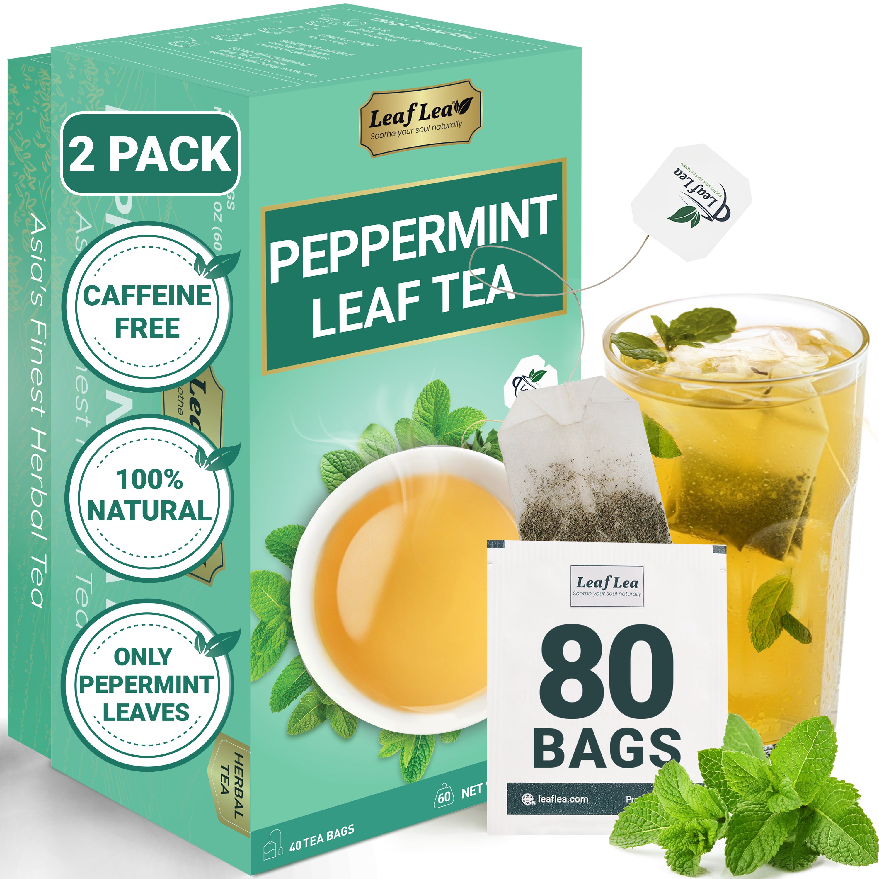 LeafLea 40 Peppermint Tea Bags, Natural Peppermint Leaf Herbal Tea with Cool Taste, Te De Menta for Gentle Digestive Support