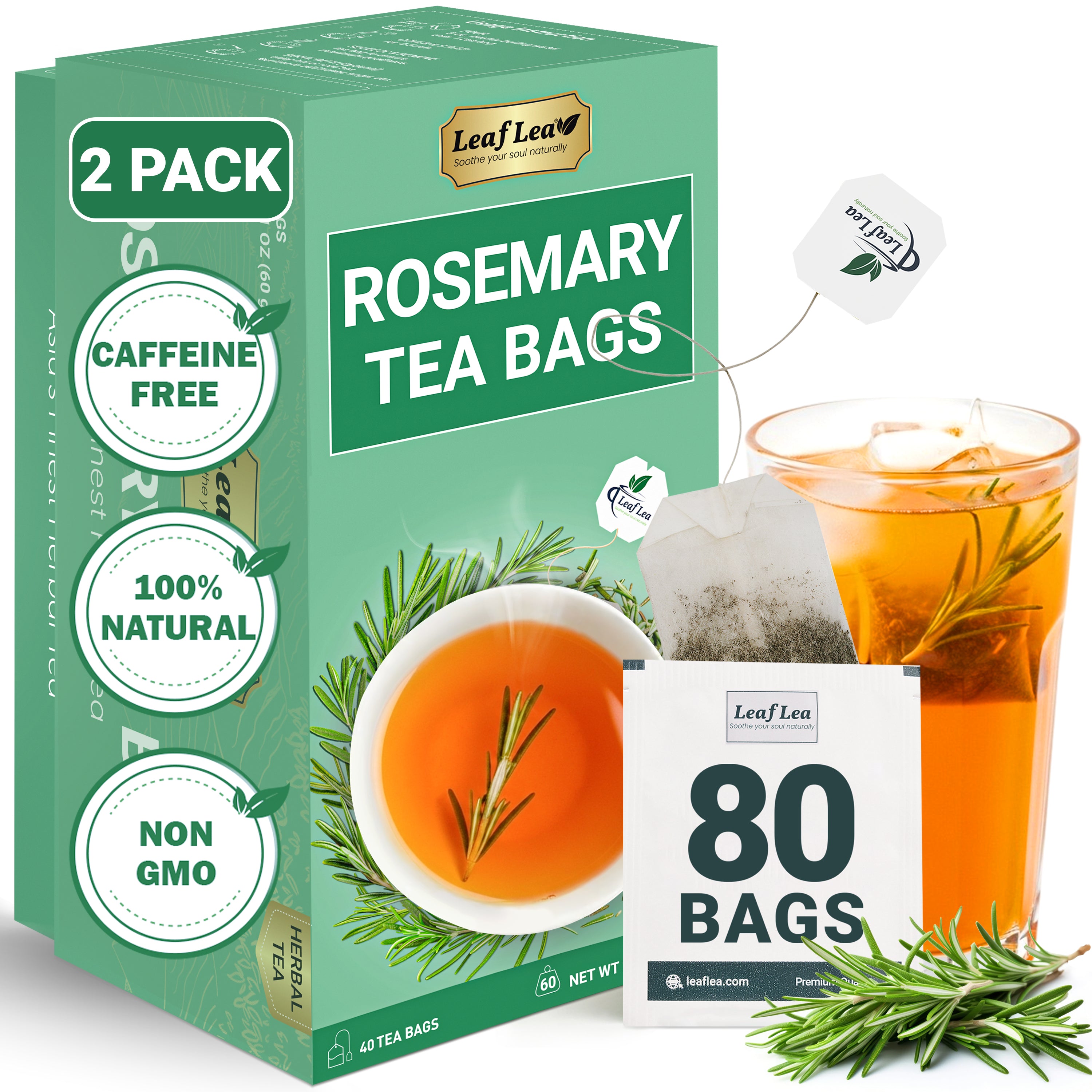 LeafLea Rosemary Tea Bags - Natural Rosemary Leaves, Te De Romero Earthy Taste & Light Aroma, Caffeine-Free, Sugar-Free