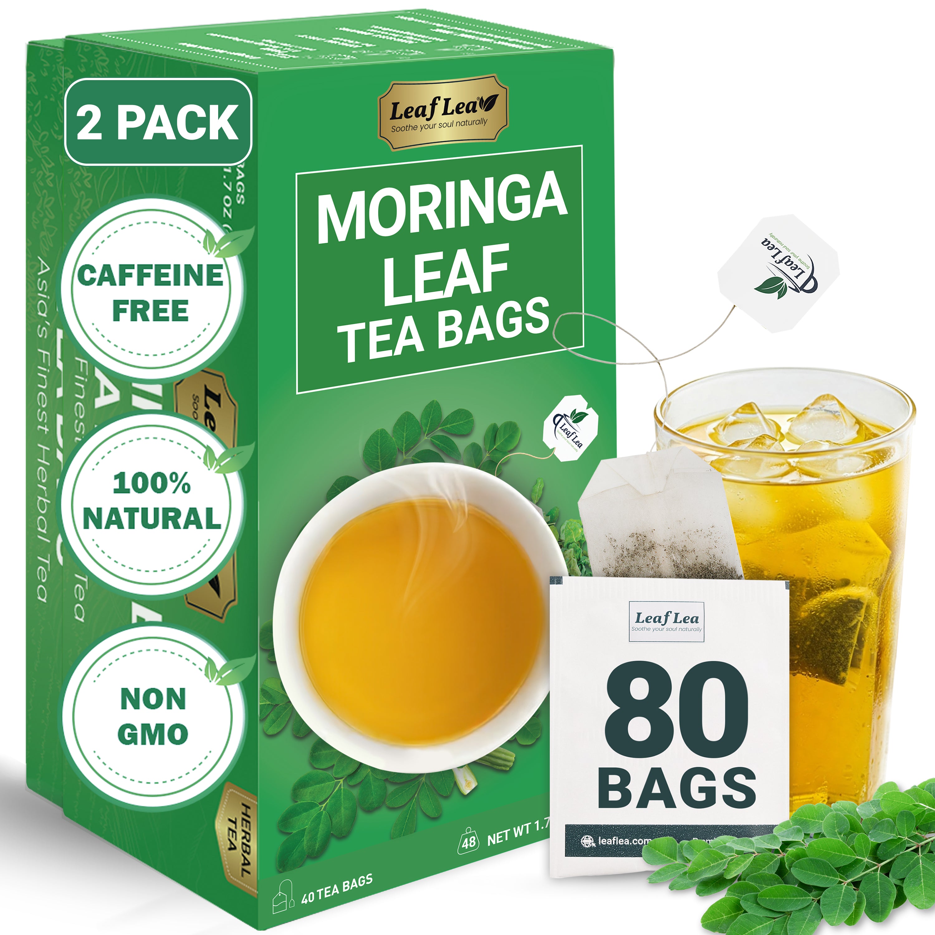 LeafLea 40 Moringa Tea Bags - Supports Digestion & Immune Health Caffeine-Free