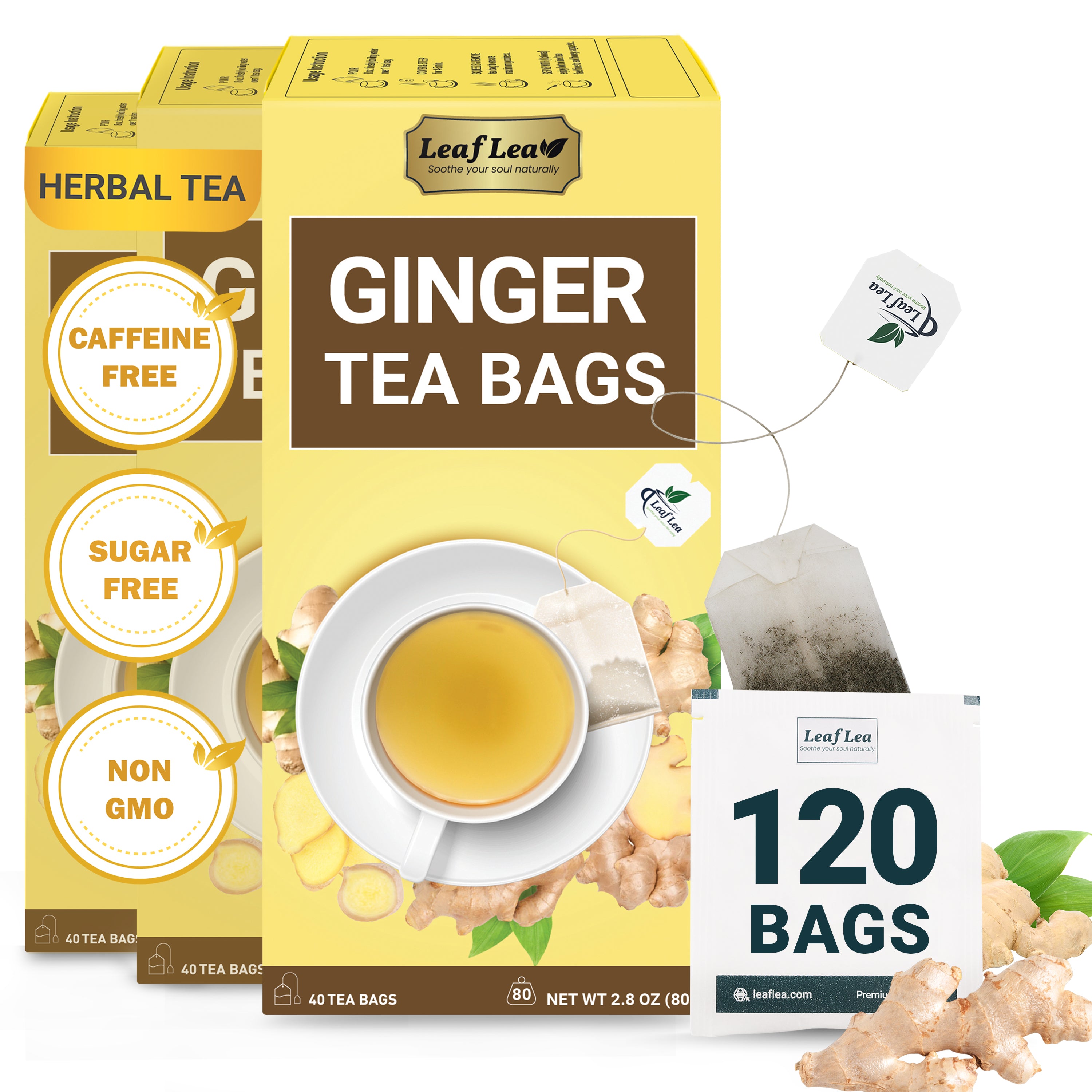 LeafLea Ginger Tea Bags - Bold, Spicy Flavor & Soothing Herbal Experience, Caffeine-Free