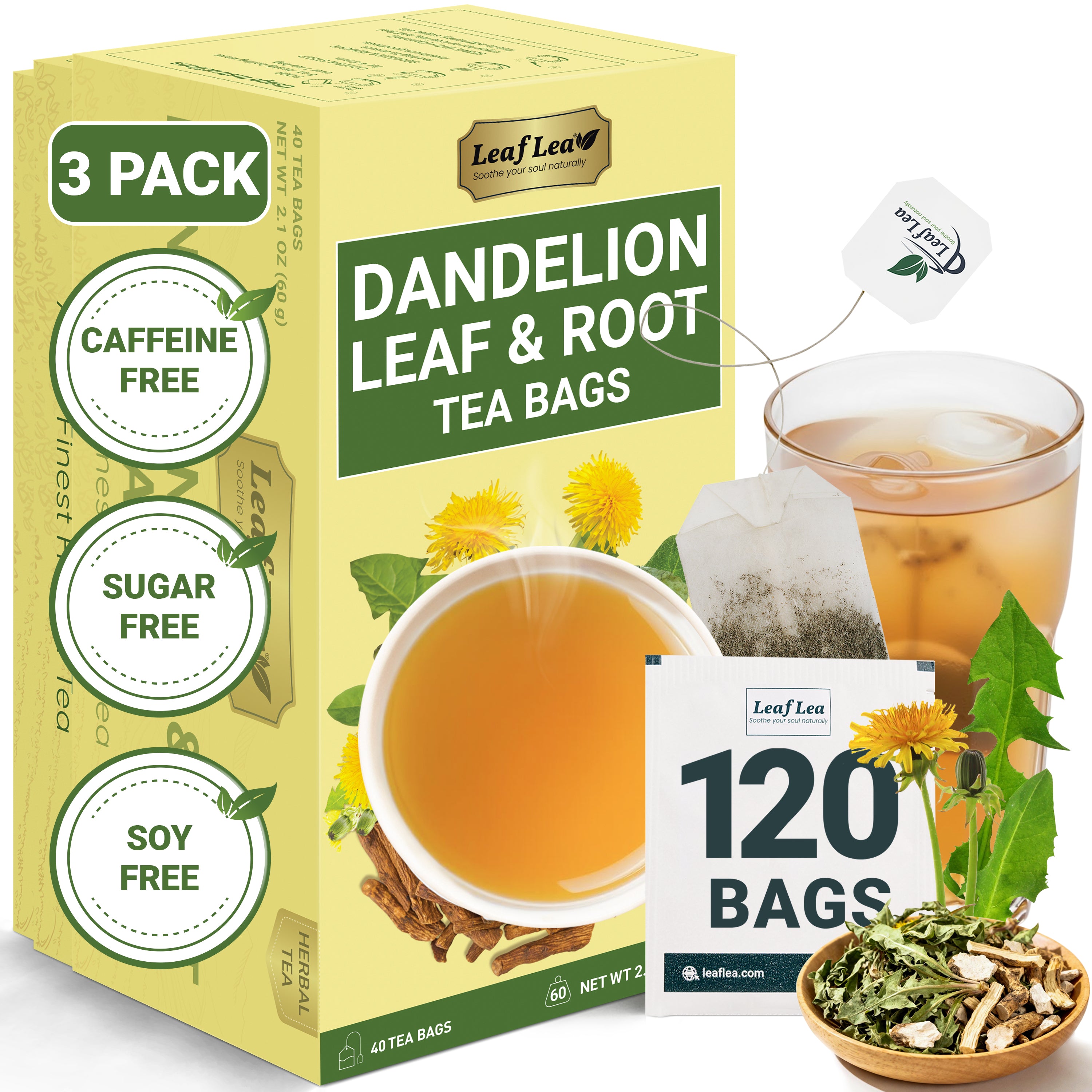 LeafLea Dandelion Root and Leaf Tea Bags, Roasted Dandelion Root Tea Blend, Natural Herbal Tea for Digestion & Wellness
