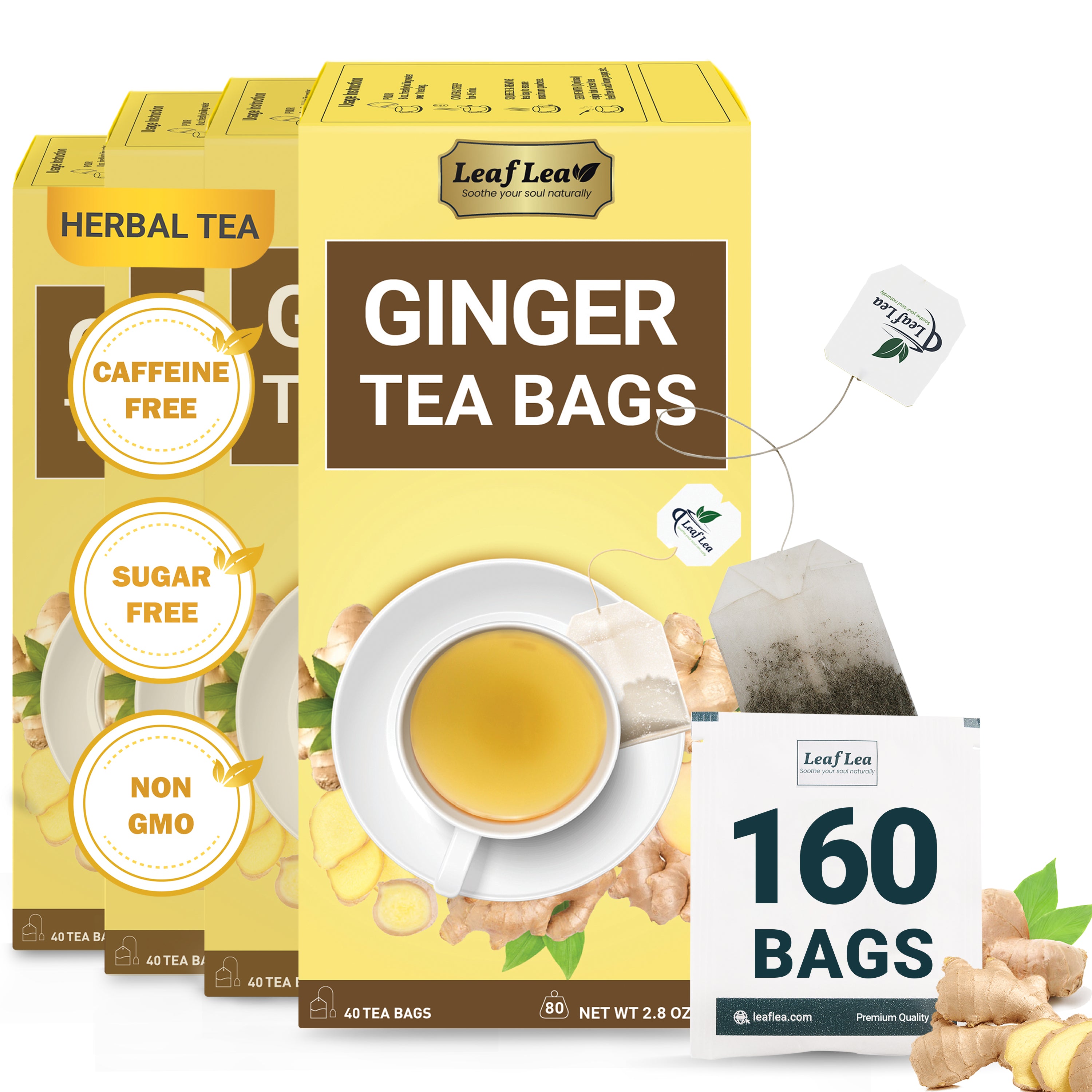 LeafLea Ginger Tea Bags - Bold, Spicy Flavor & Soothing Herbal Experience, Caffeine-Free