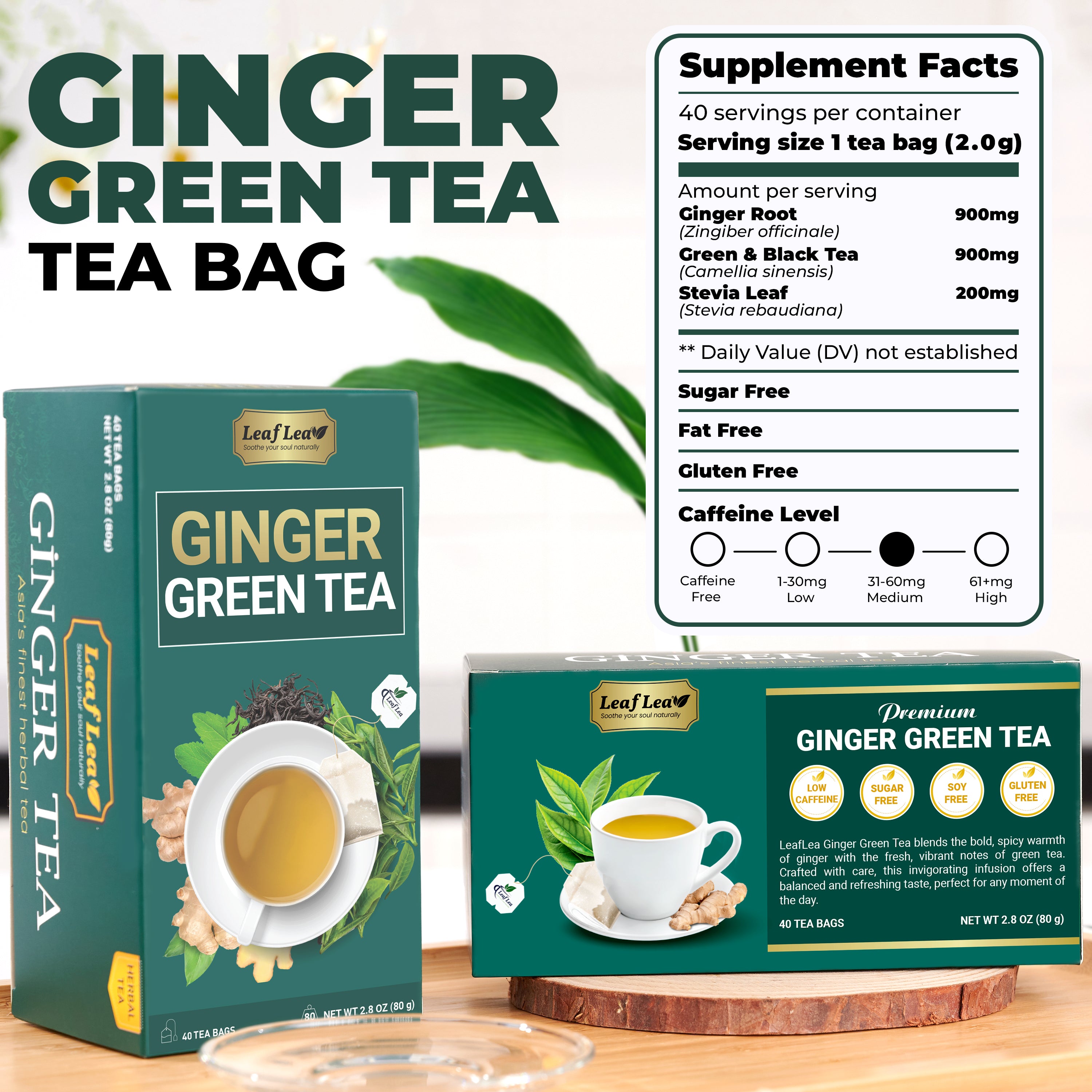 Ginger Green Tea Bags Blend Boosts Digestion & Immunity