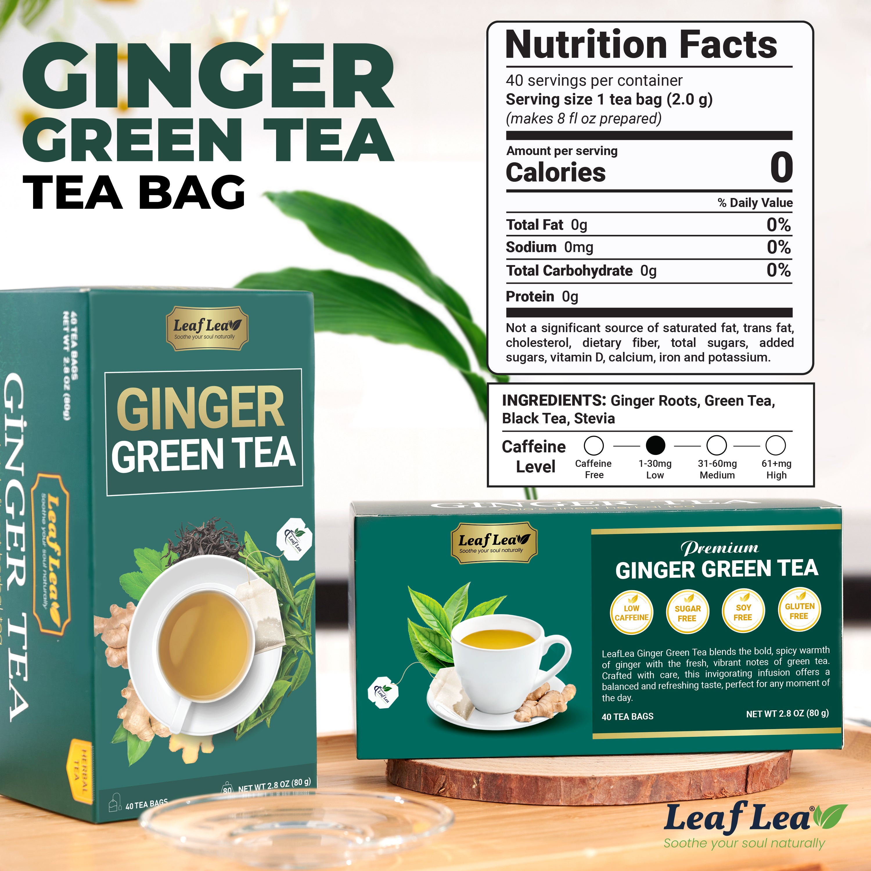 Ginger Green Tea Bags Blend Boosts Digestion & Immunity