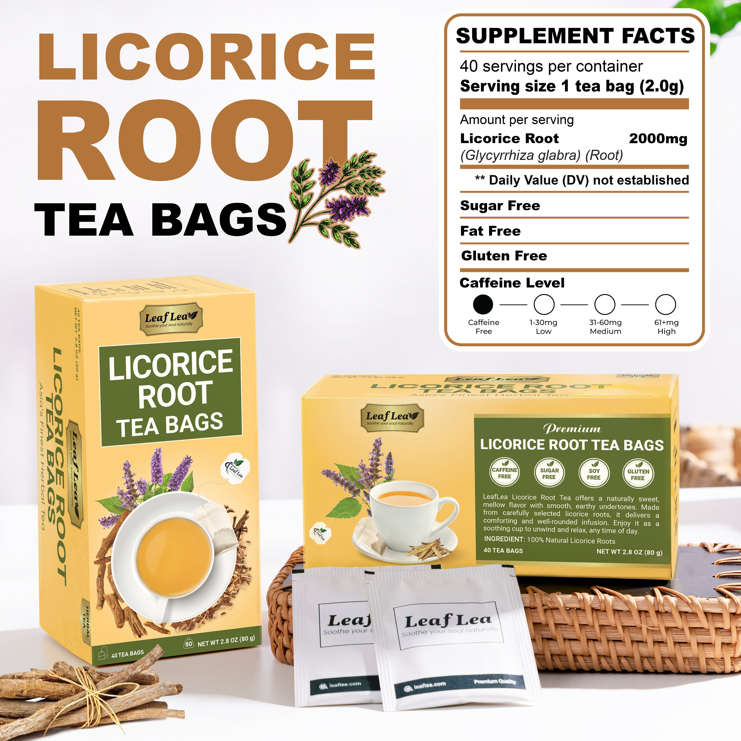 LeafLea Licorice Root Tea Bags - Pure Licorice Spice Tea, Herbal Infusion, Te De Regaliz, Caffeine-Free, Sugar-Free