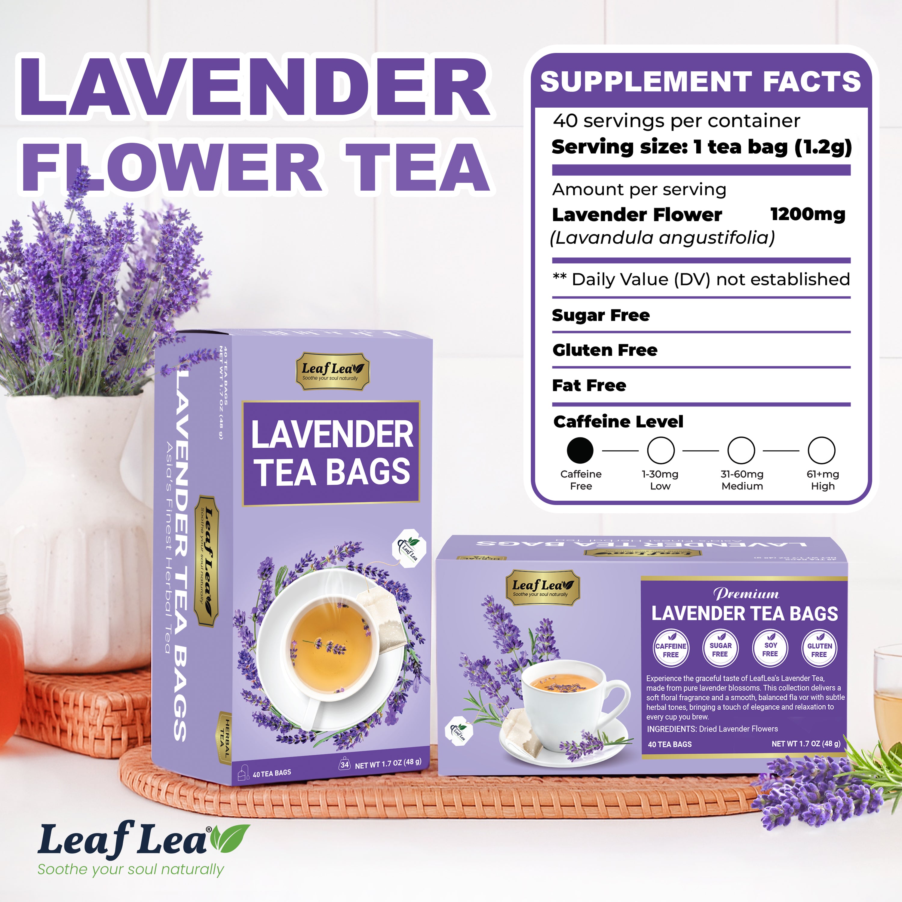 LeafLea 40 Premium Lavender Tea Bags, Natural Lavender Flowers, Lavendar Herbal Tea with Delicate Floral Aroma & Smooth Flavor, Relaxing Evening Infusion, No Caffeine