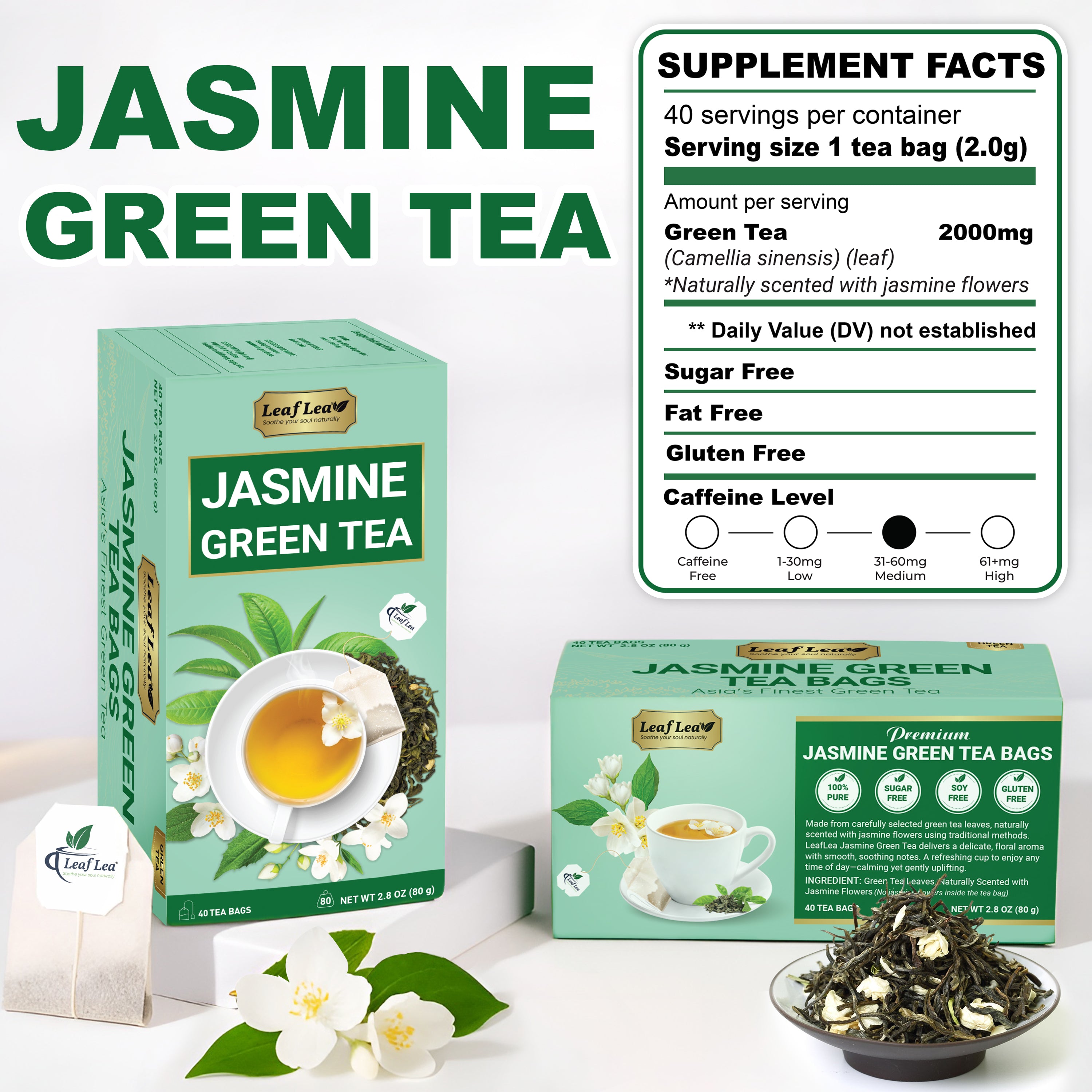 Jasmine Green Tea Bags Blend Boosts Digestion & Immunity
