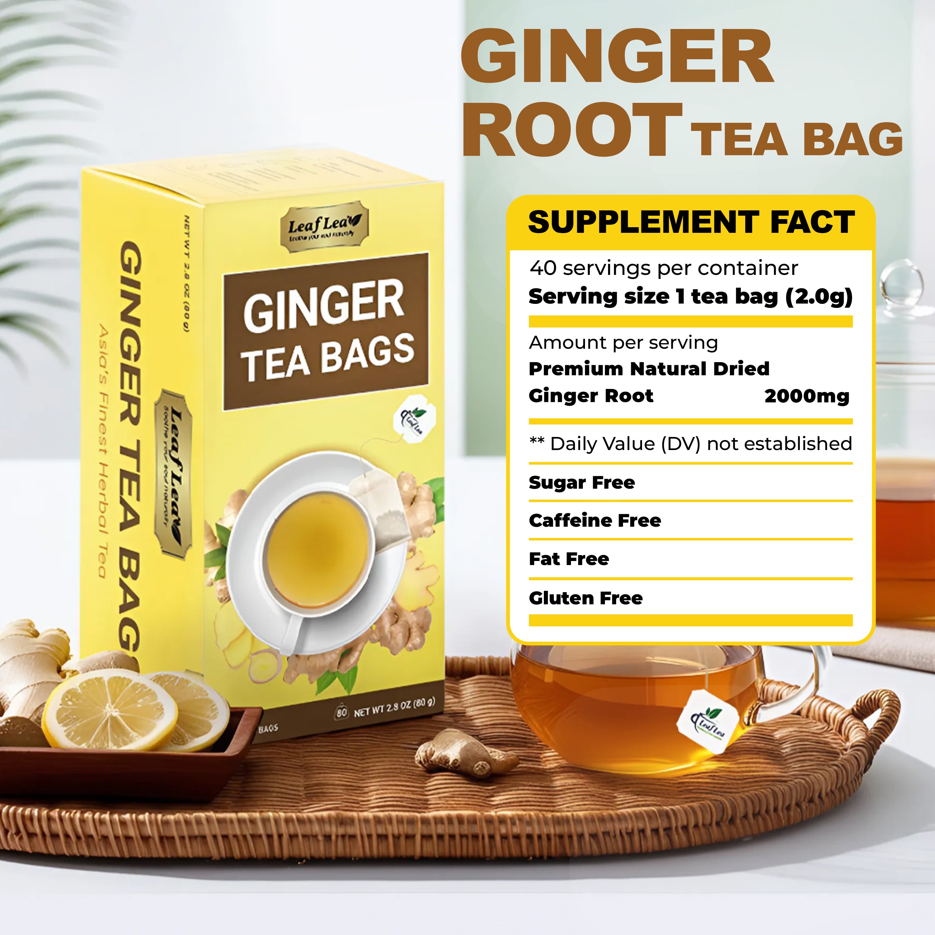 LeafLea Ginger Tea Bags - Bold, Spicy Flavor & Soothing Herbal Experience, Caffeine-Free