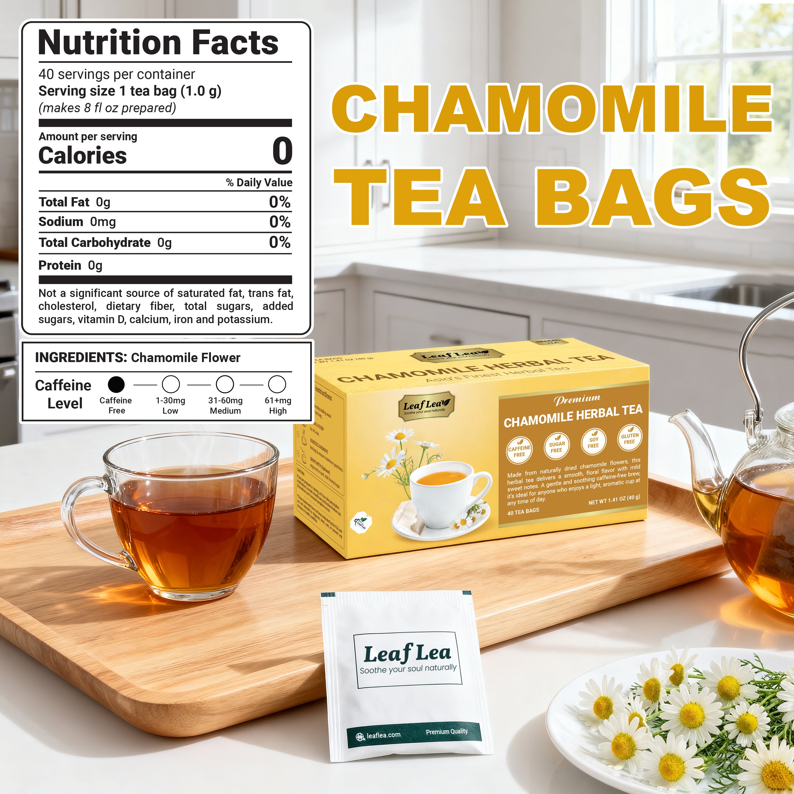 LeafLea Chamomile Tea Bags, Herbal Tea from Chamomile Flowers, Gentle Floral Scent, Clean Smooth Finish