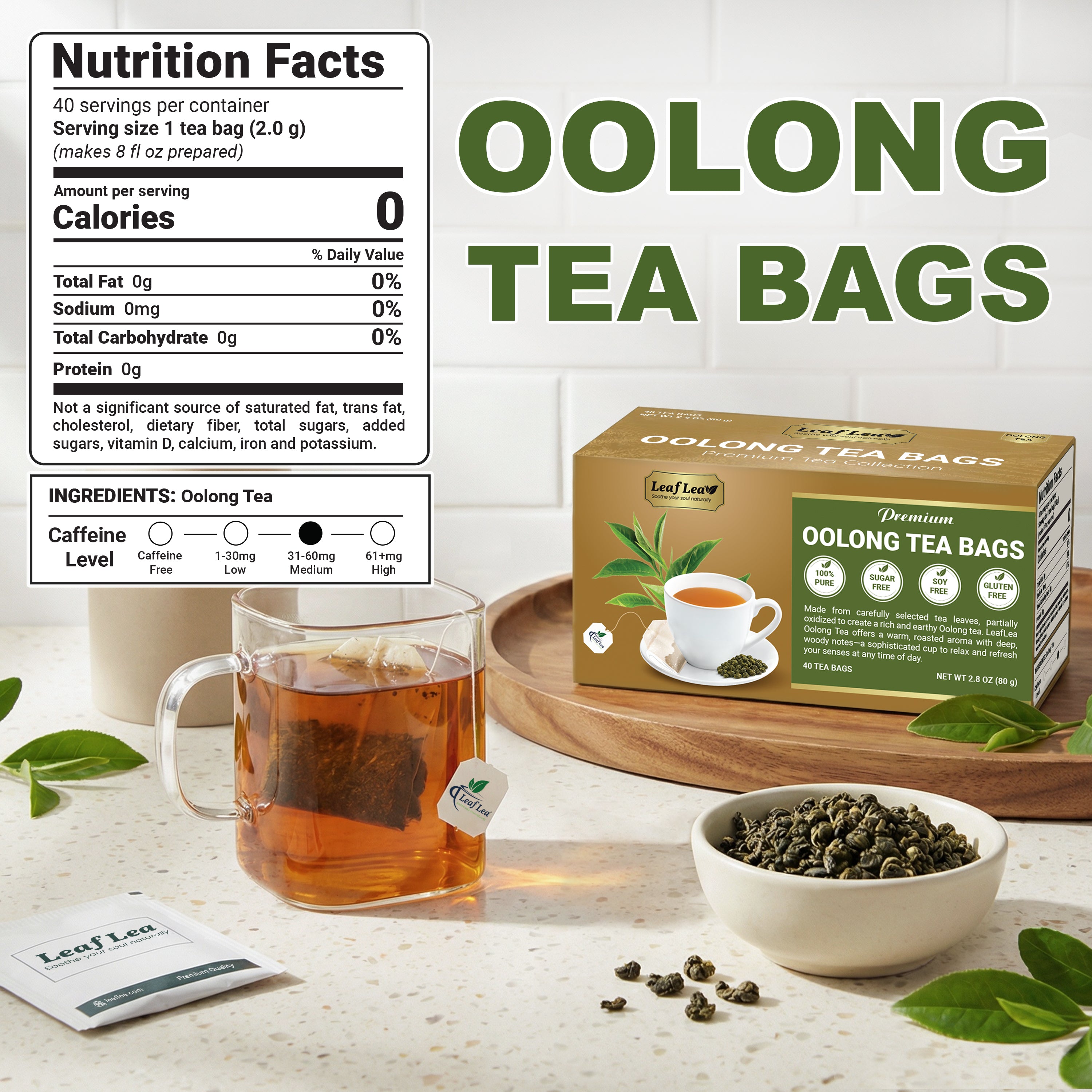 LeafLea Oolong Tea Bags, 100% Oolong Tea Leaves, Smooth Warm Aroma with Light Toasted Notes