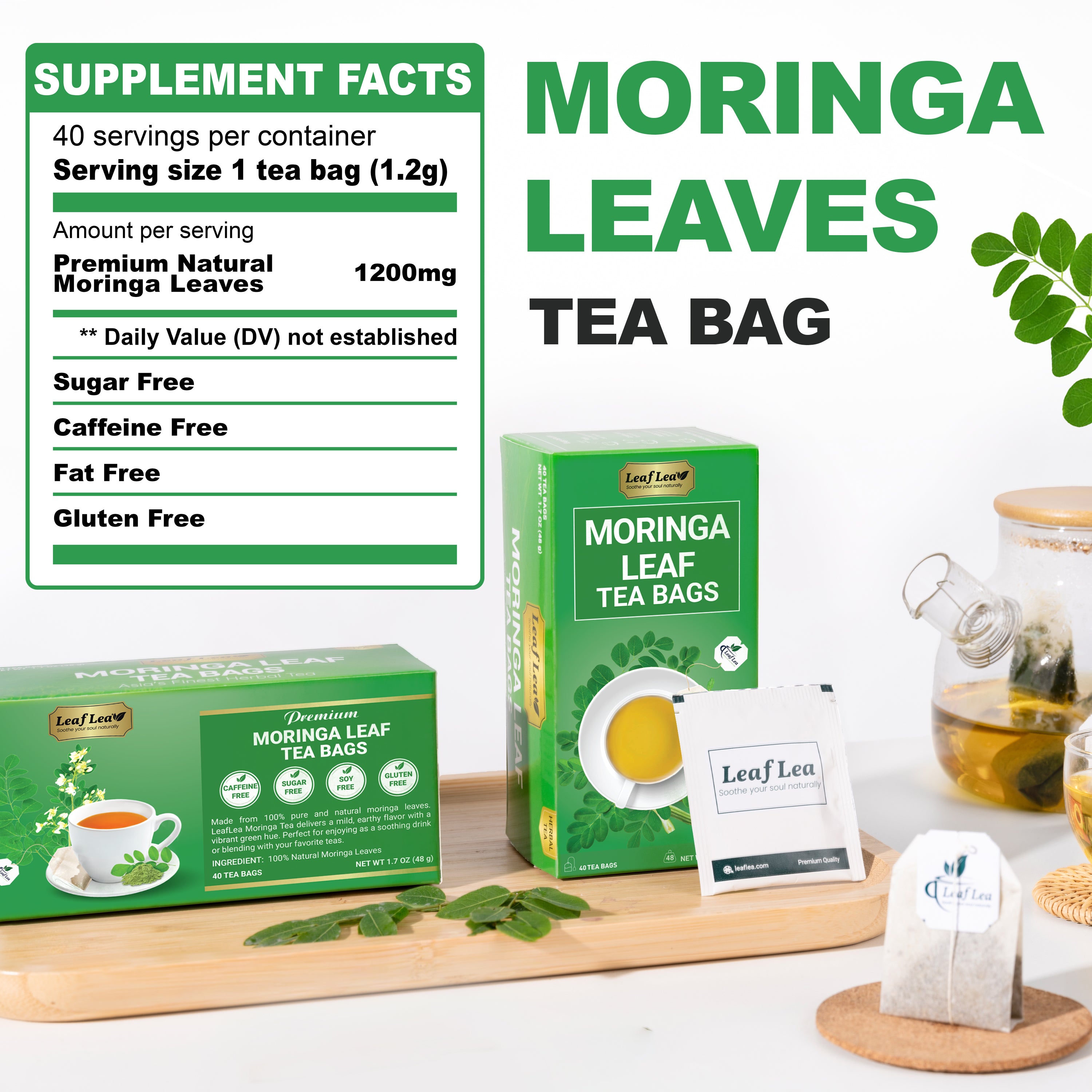 LeafLea 40 Moringa Tea Bags - Supports Digestion & Immune Health Caffeine-Free