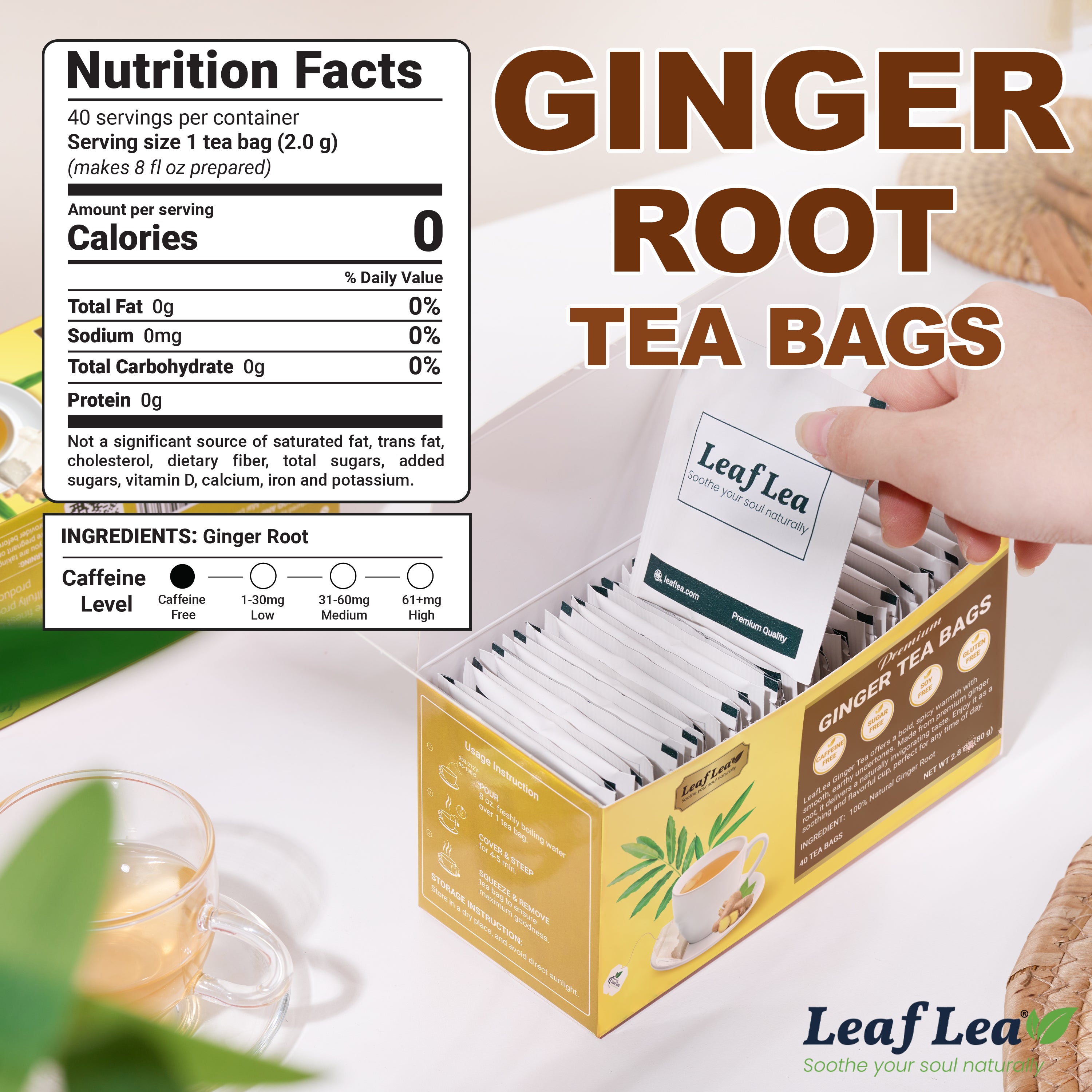 LeafLea Ginger Herbal Tea – Bold Flavor & Warming Taste (40 Bags)
