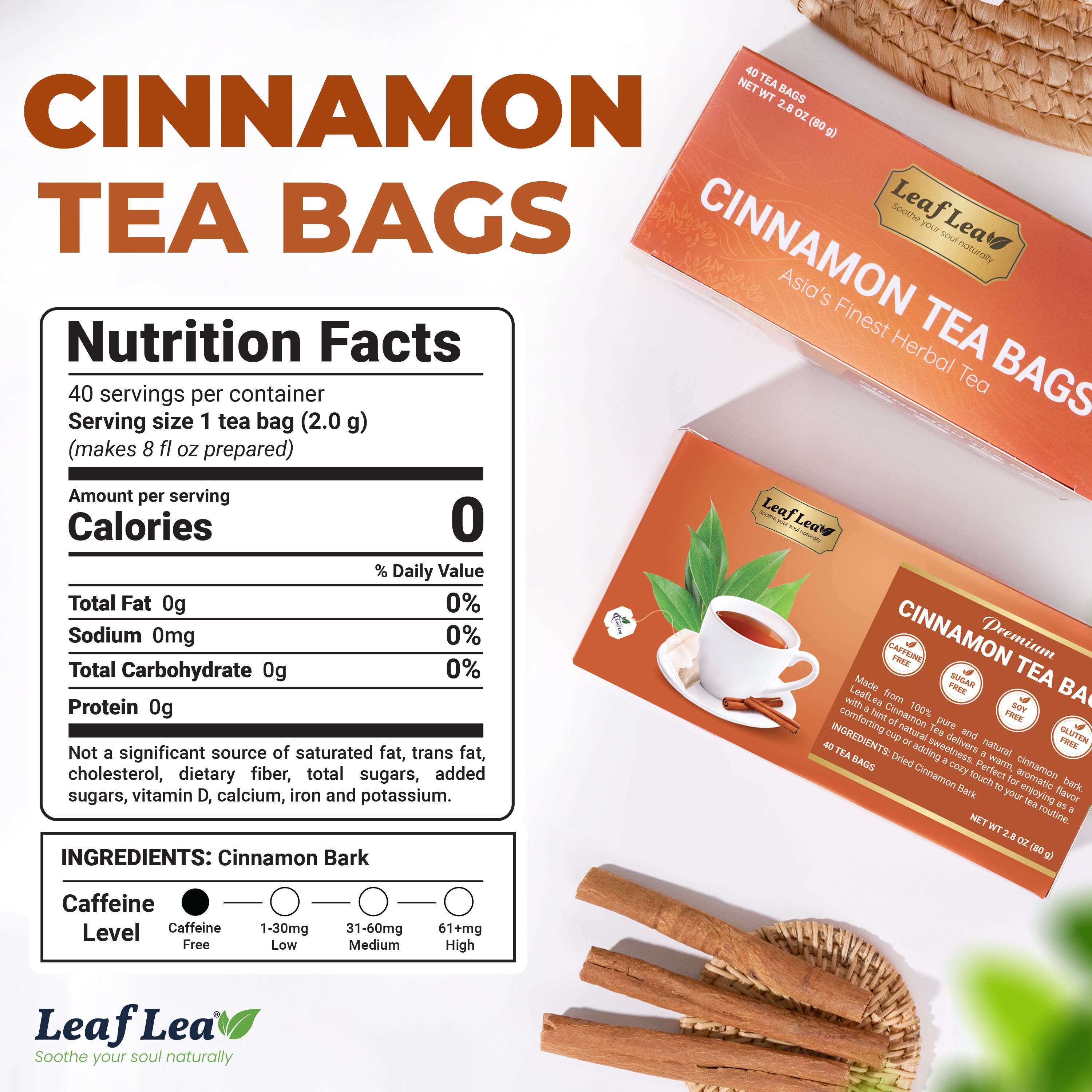 LeafLea 40 Cinnamon Tea Bags - Hot Spiced Cinnamon Tea Bags