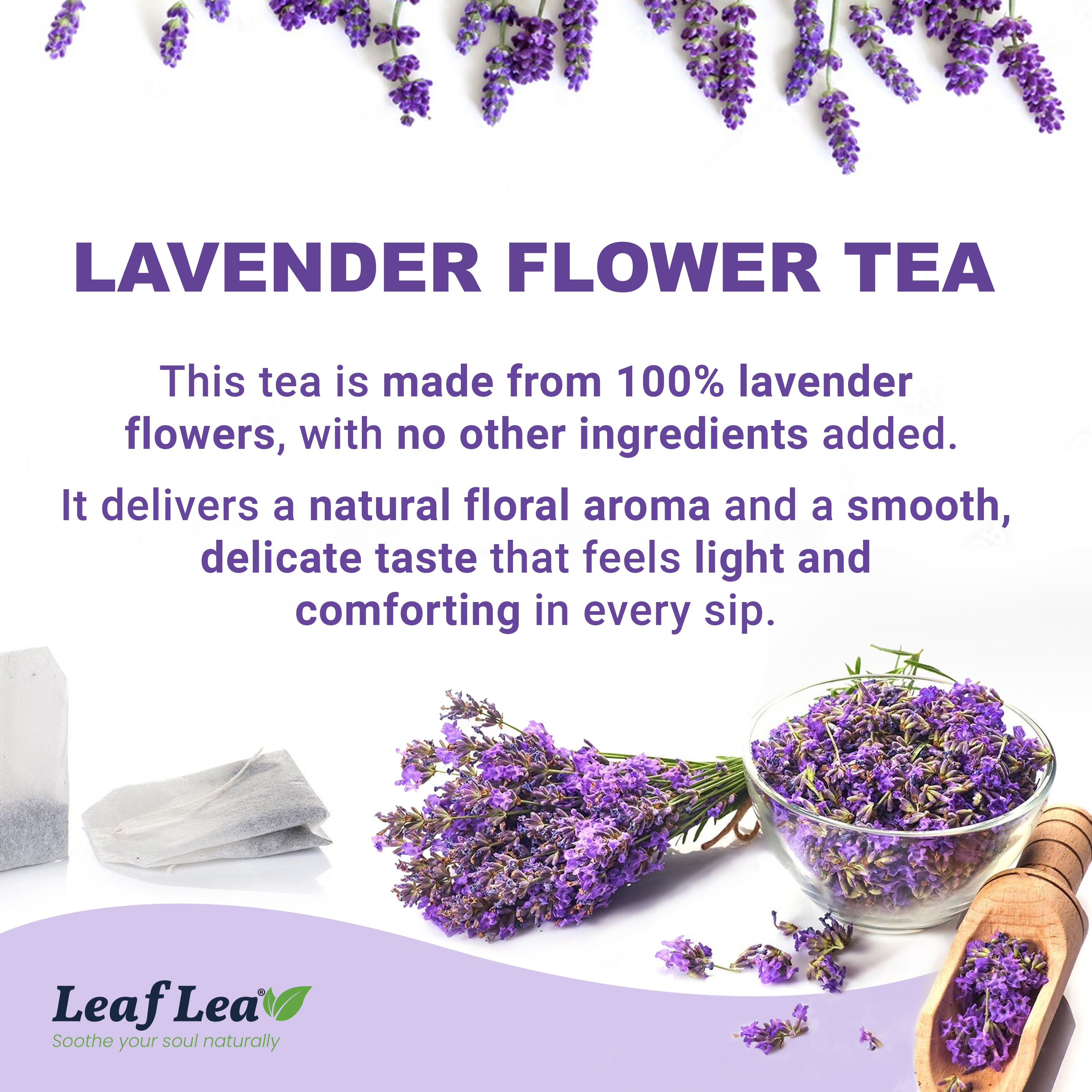 LeafLea 40 Premium Lavender Tea Bags, Natural Lavender Flowers, Lavendar Herbal Tea with Delicate Floral Aroma & Smooth Flavor, Relaxing Evening Infusion, No Caffeine