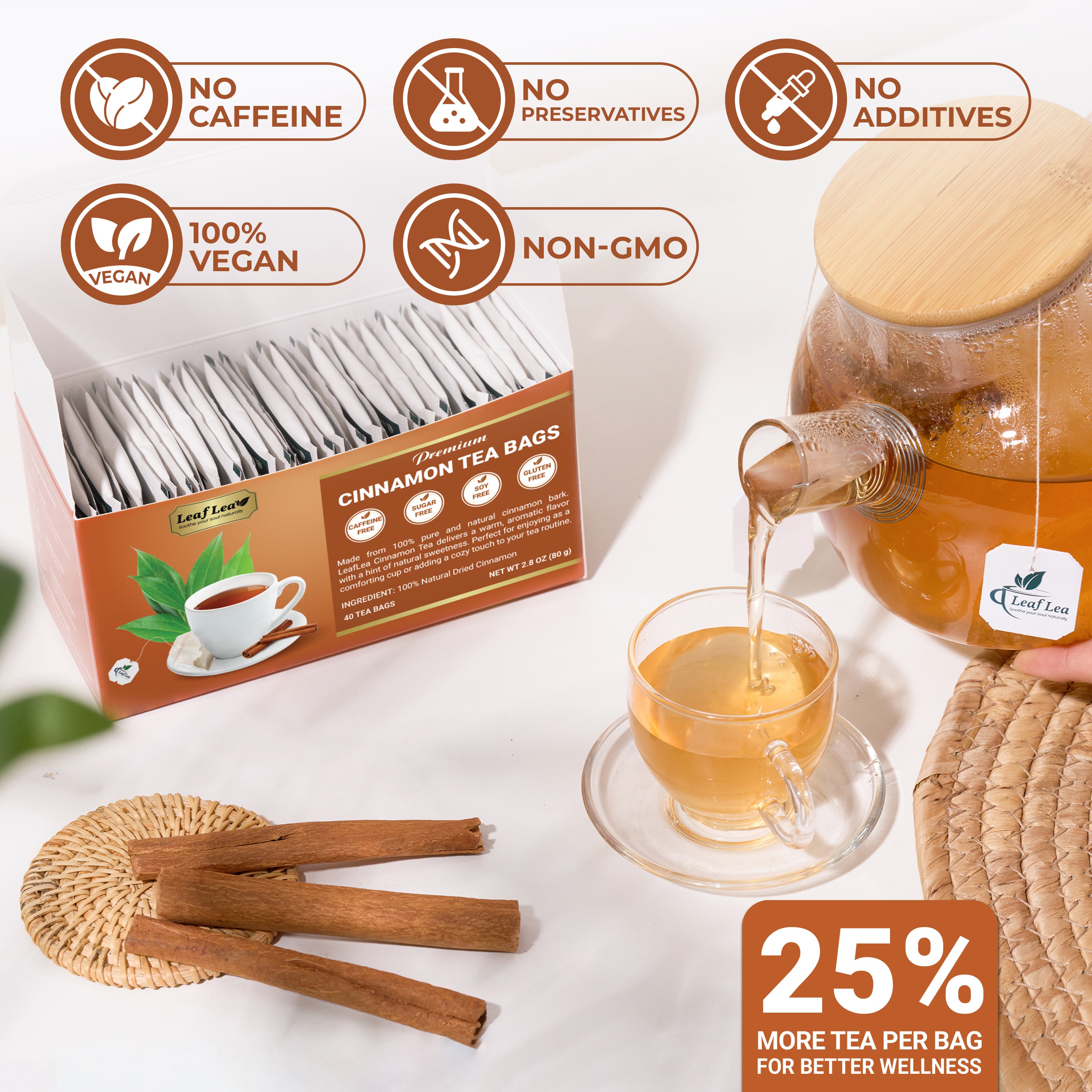 LeafLea 40 Cinnamon Tea Bags - Hot Spiced Cinnamon Tea Bags