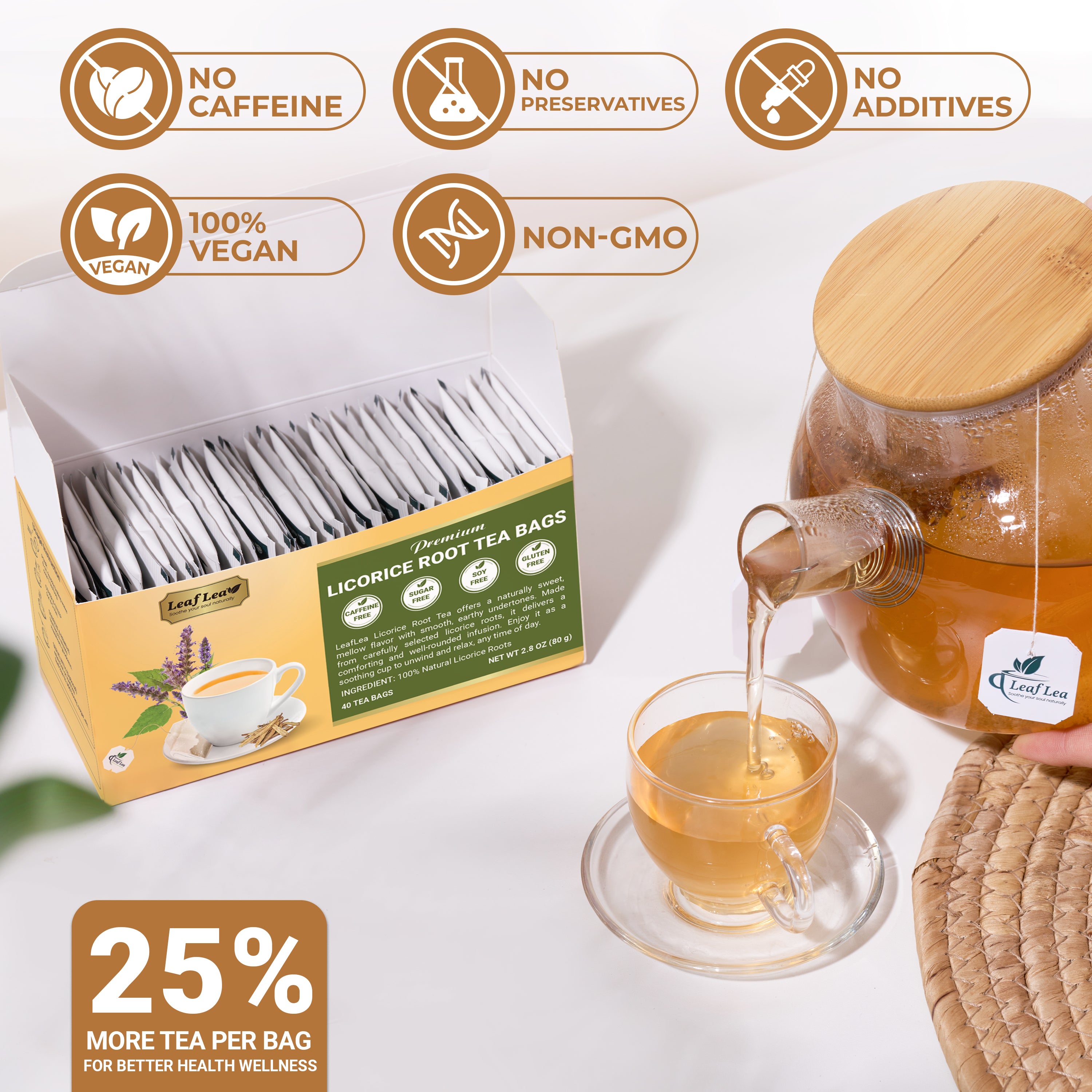 LeafLea Licorice Root Tea Bags - Pure Licorice Spice Tea, Herbal Infusion, Te De Regaliz, Caffeine-Free, Sugar-Free
