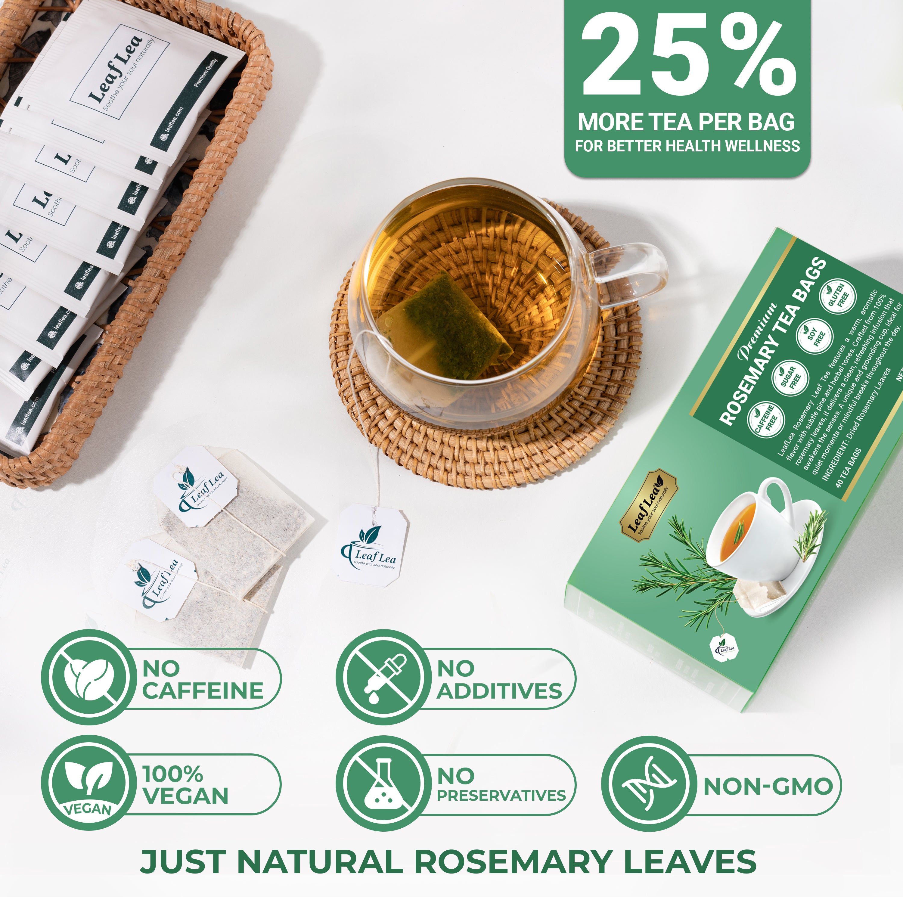 LeafLea Rosemary Tea Bags - Natural Rosemary Leaves, Te De Romero Earthy Taste & Light Aroma, Caffeine-Free, Sugar-Free