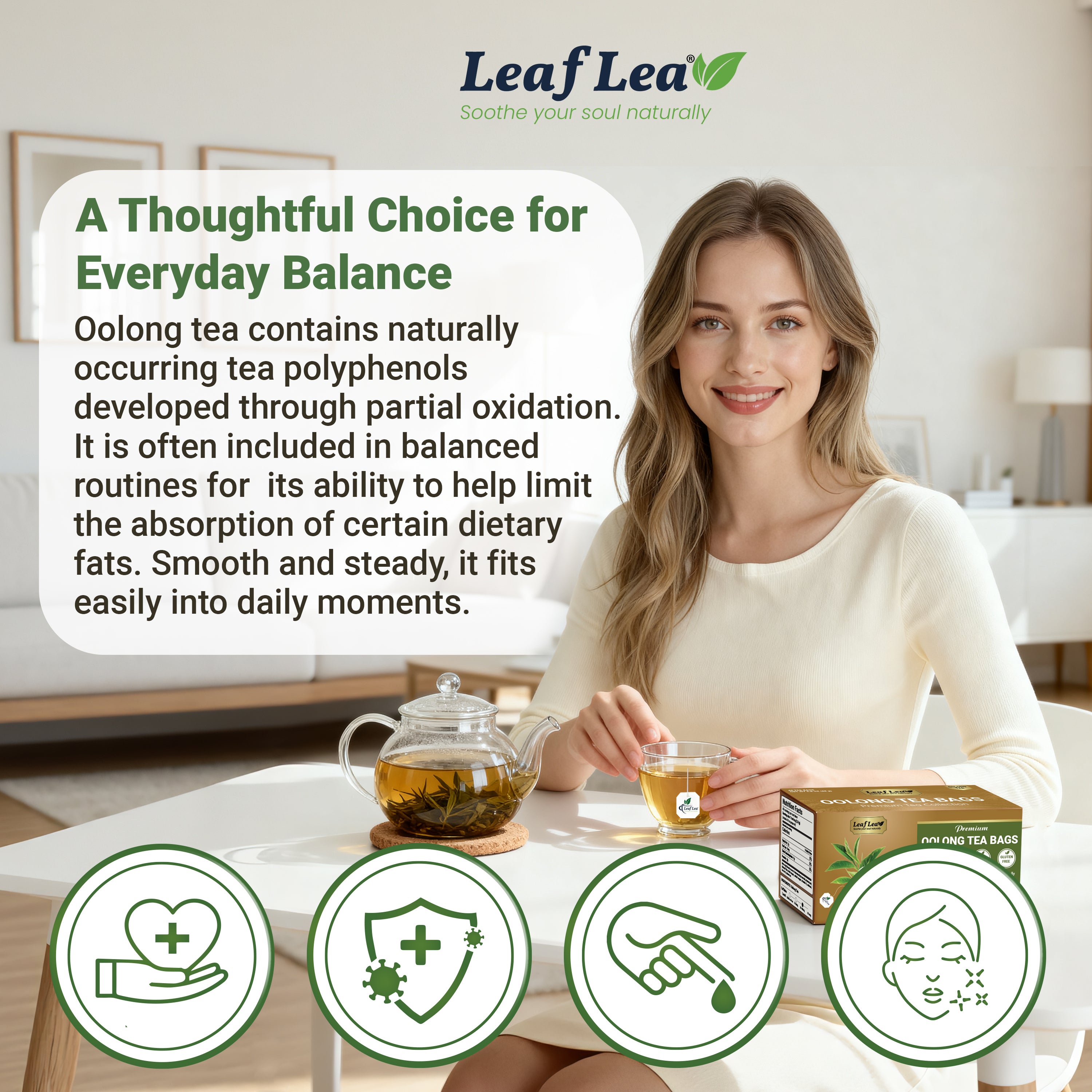 LeafLea Oolong Tea Bags, 100% Oolong Tea Leaves, Smooth Warm Aroma with Light Toasted Notes