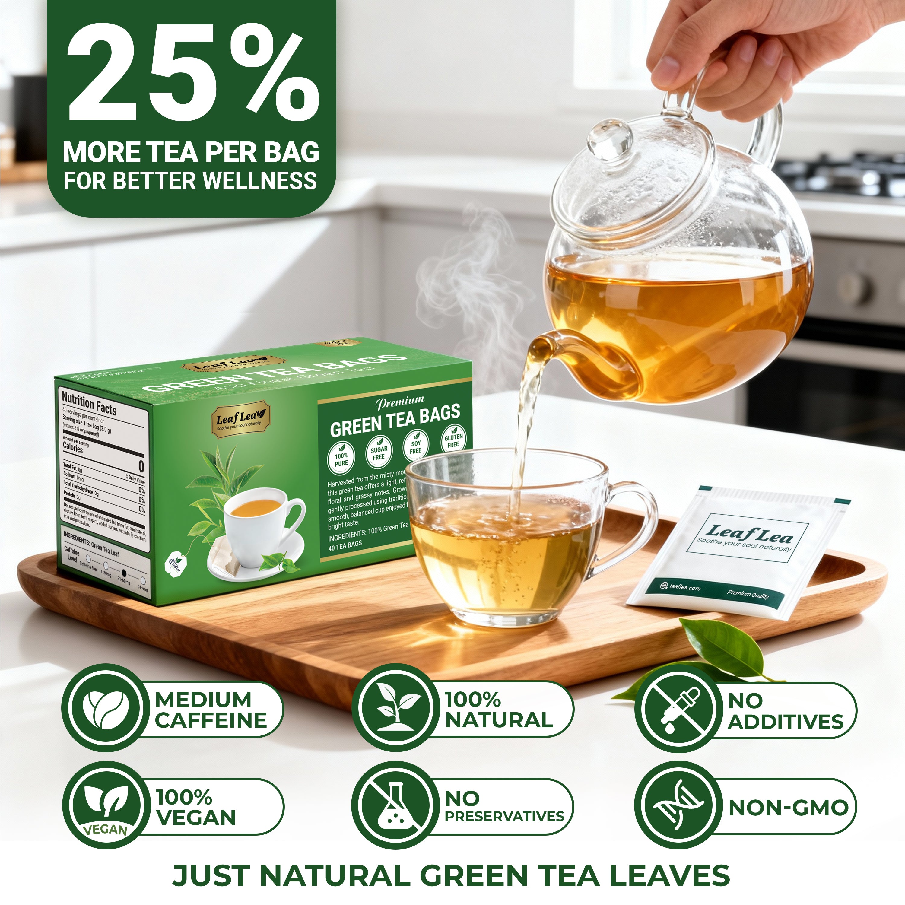 LeafLea Green Tea Bags, 100% Natural & Pure from Green Tea Leaves, Smooth & Refreshing, Everyday Wellness with Natural Caffeine Content